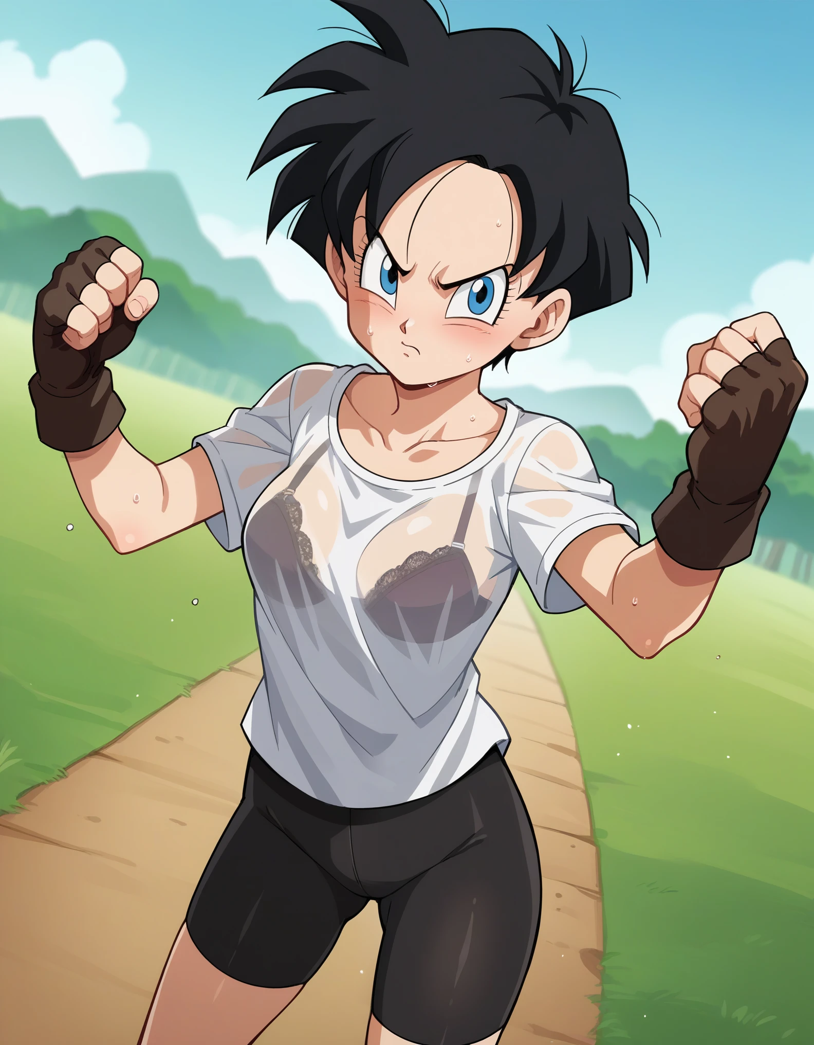 score_10, score_9, score_8_up, score_7_up, score_6_up, score_5_up, score_4_up, BREAK, source_anime, anime screencap, anime coloring, videl, black hair, blue eyes, eyelashes, parted bangs, short cut, (see-through) bike shorts, black gloves, see-through black legwear, collarbone, fingerless gloves, gloves, shirt, short sleeves, white shirt, T-shirt is transparent with sweat and her sexy black lace fabric bra is showing through, medium breasts, skinny, (short stack:0.5) outside, looking at viewer, cowboy shot, dutch angle, standing, fighting stance, (angry:0.6), blush, embarrassed