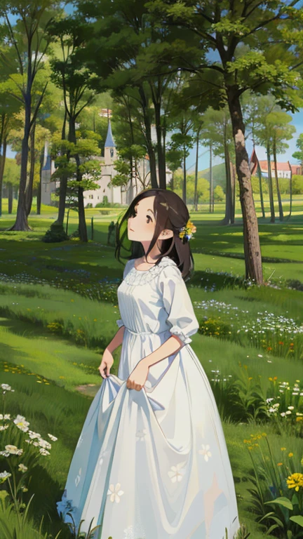 flatlands, mountain, (castle:1.1), grass, (flower field:1.3), 1girl,