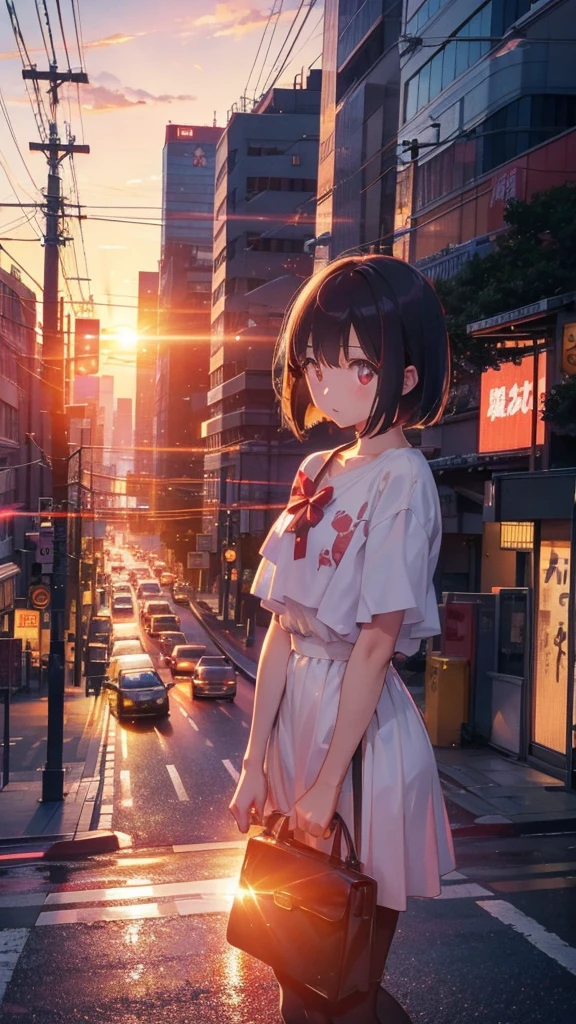 A shining sunset,sunset,Cars passing by on the road,Tokyo city,traffic jam,Girl 1 with short bob and red eyes is crossing the street,Top-down view,A girl far away