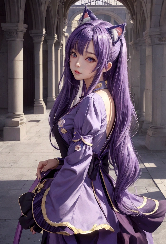 anime girl, Purple cat ears, long hair, beautiful clothes, Gouvez style, 4K Clarity, cg station pop, Antique architecture, Seductive Girl, attractive, genshin keru, animation style, 8K, beautiful anime girl, Girl Front.