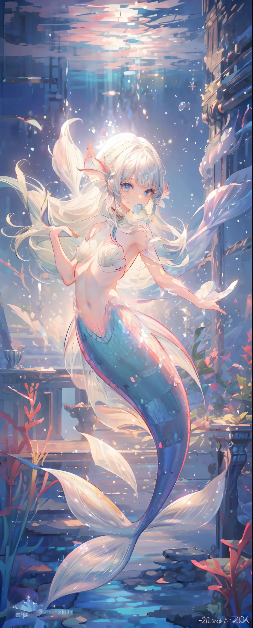 ((, Masterpiece: 1.5, best quality, high resolution: 1.3, super resolution, super detailed, ultra detailed: 1.3, Perfect Anatomy: 1.5, 1 mermaid woman ) pale skin + long wavy white hair + pink eyes + long eyelashes + female figure + white mermaid tail, mermaid woman (delicate pretty top, belly and waist visible, ribbons on her hip) ((adorable open eyes, friendly cute expression))