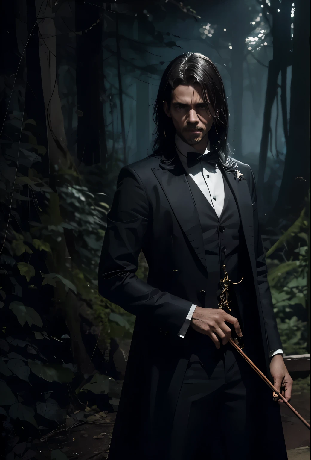 homem adulto violista de terno cercado por arvores macabras em um dark scenery, violinista com um olhar macabro, paganini, dark scenery, estilo horror, pesadelo, cena macabra, filme de terror, personagem com medo, floresta retorcida e sobrenatural, personagem sujo de sangue, noite sem lua, desolate and destroyed place, apocalipse