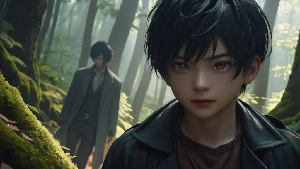 The silhouette of a boy walking in the forest meets a doppelganger smiling with a horrifying expression. eerie atmosphere, anime style, (best quality,4k,8k,highres,masterpiece:1.2),ultra-detailed,(realistic,photorealistic,photo-realistic:1.37),dark fantasy,dramatic lighting,moody lighting,dramatic contrast,cinematic,highly detailed face,extremely detailed eyes and face,longeyelashes,beautiful detailed eyes,beautiful detailed lips,intricate details