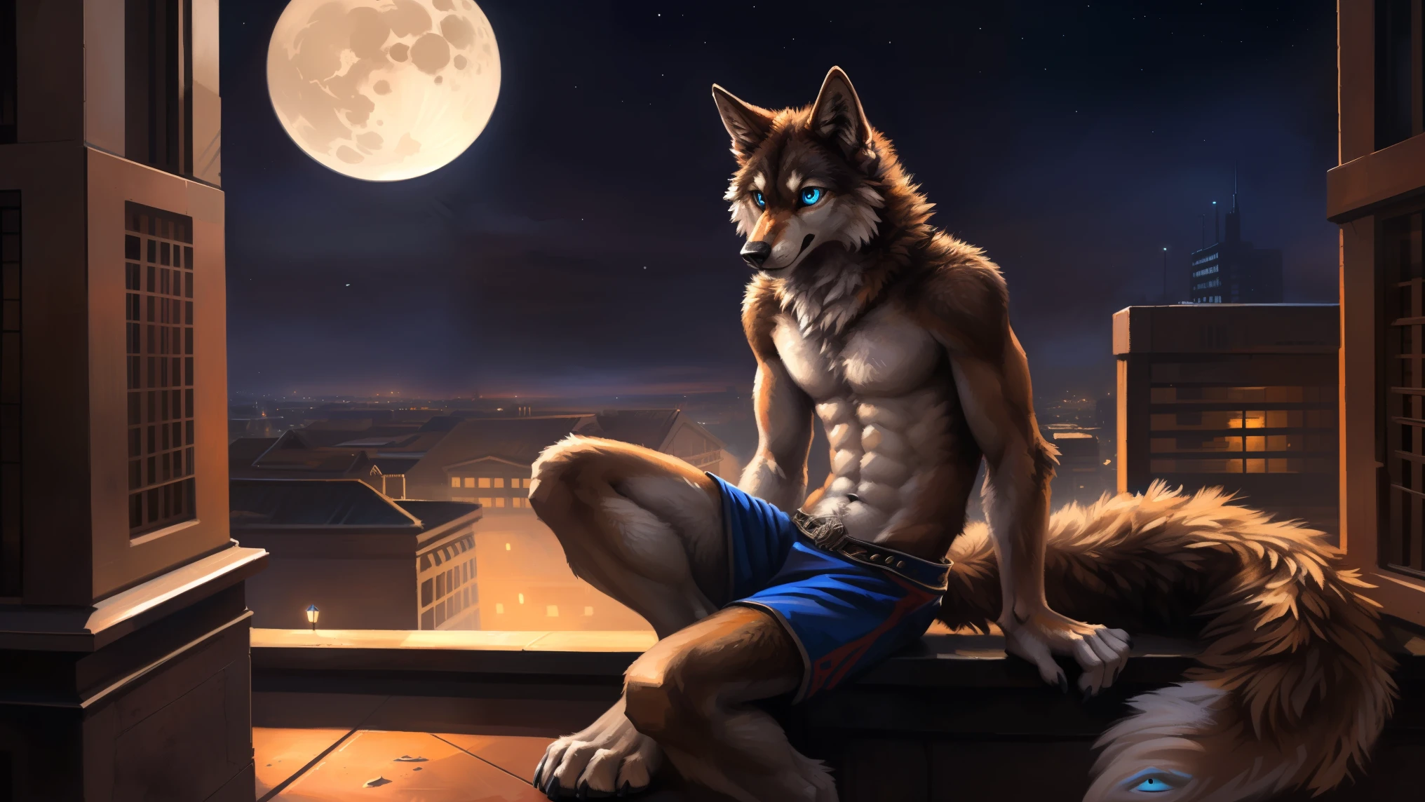 ((Solo)), male people, anthro wolf, (Multi-colored fur, White-brown:1.3), ((Wolf face, Big eyes, White eyelids, Blue pupil, Slim:1.2) (Tough, Calm expression:1.2)), (Height 2.1 meters,Tail length 1.5m), Abs, Slim, pinging, (Correct anatomy), (Contour bone:1.2), The upper body is naked, (detailed outfits), a long large tail,Feet,(Realistic fur, Detailed fur texture, labeled:1.3)), (Natural lighting), Photorealistic, Hyperrealistic, ultradetailed, by Kenket,In the modern city,Roof,the night,Sit alone,Look at the full moon,It was dark,Starry