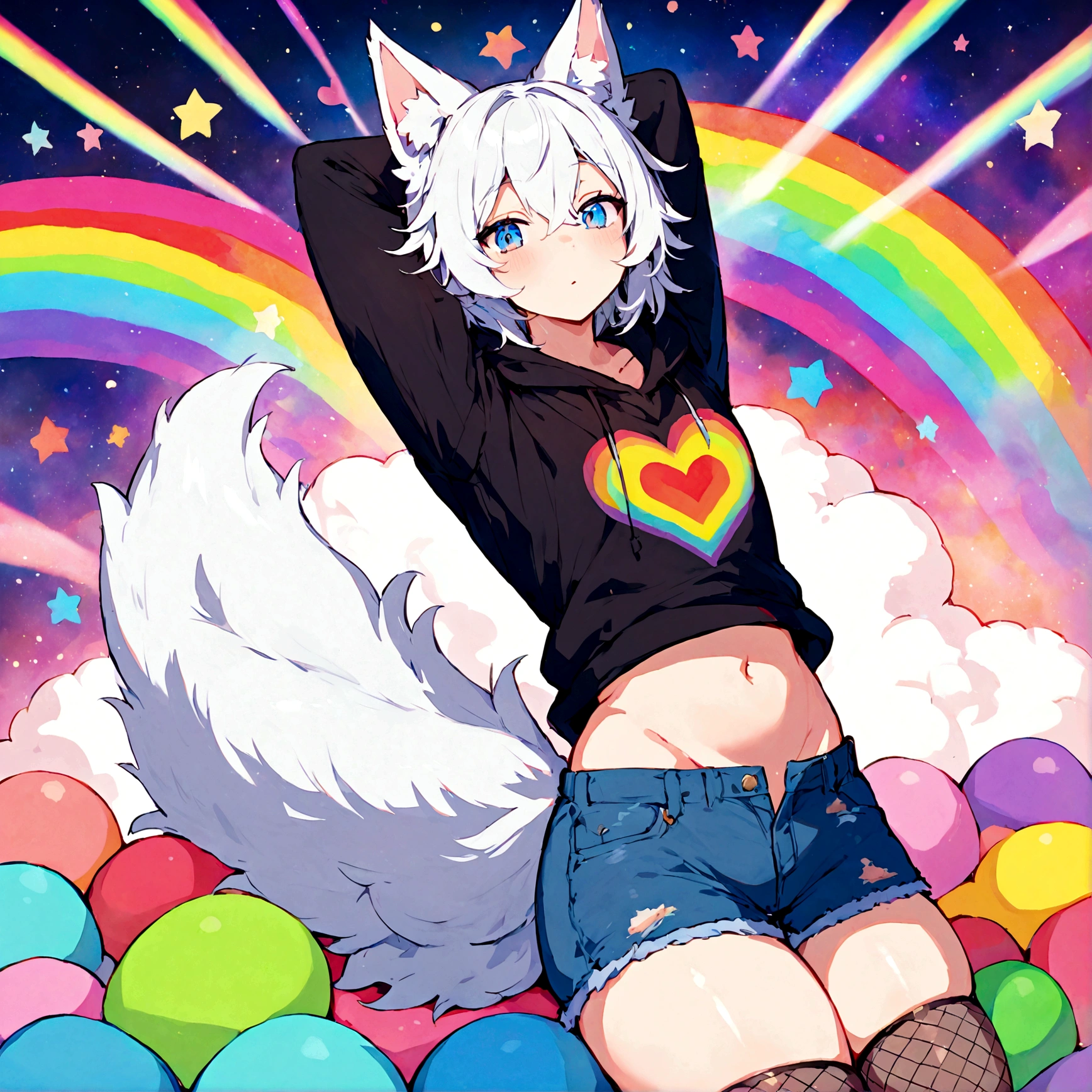 a cute adult male with wolf ears, white hair, has a wolf tail, wearing a loose cropped oversized black hoodie, wearing a pair of denim short shorts and fishnet stockings, thick thighs, wide hips, relaxing on mound of fluffy multi colored kawaii plushies, short, very slim, showing slender tummy, stretching out, heart on hoodie, squishy thighs, has glowing blue eyes. alone, solo (ALONE)(SOLO), surrounded by rainbows, colorful galaxy backround