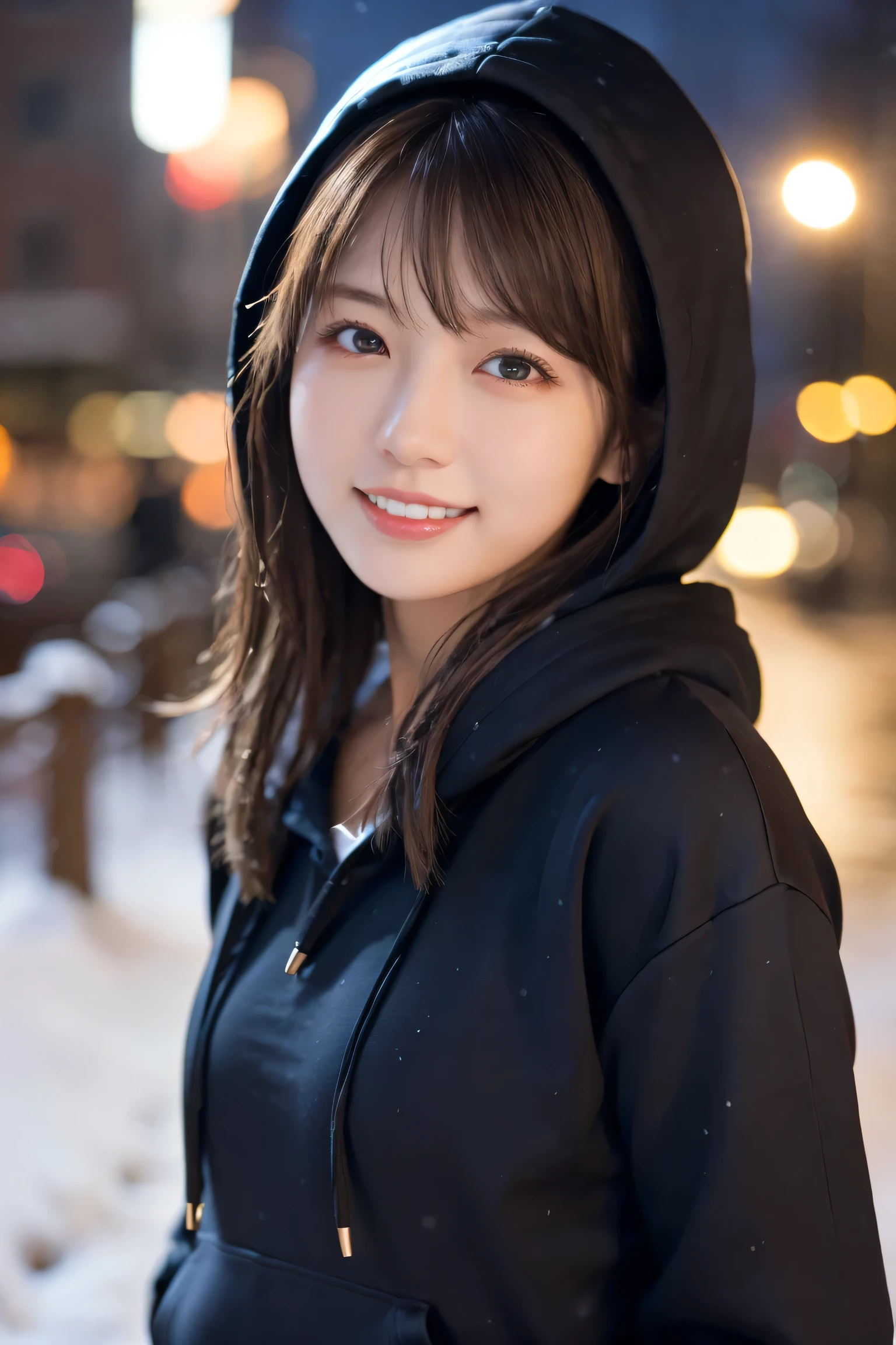 1 girl, (Wear a black hoodie:1.2), (RAW Photos, highest qualthaty), (Realistic, Realistic:1.4), Tabletop, Very delicate and beautiful, Very detailed, 2k wallpaper, wonderful, finely, Very detailed CG Unthaty 8K wallpaper, Very detailed, High resolution, Soft Light, Beautiful detailed girl, Very detailed目と顔, Beautiful and sophisticated nose, Finely beautiful eyes, Cinema Lighting, Illuminations that light up the cthaty on a snowy night, Snow Scene, that'that'it's snowing, Snow fell in my hair, Perfect Anatomy, Slender body, Was nervous,
Straight semi-long hair, bangs, Looking at the audience, smile、Fluffy scarf、