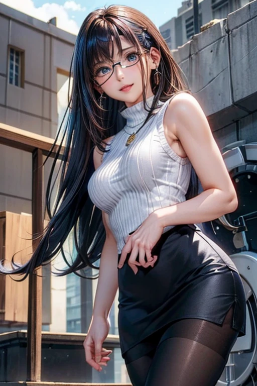 #Basics A girl is posing for a photo, animeのかわいい女の子, (((One Girl, , 16 years AK
#Clothing Accessories
(White high neck sleeveless knit sweater + Navy blue tight pencil skirt + Black Pantyhose + Black High Heels + Wearing layers of white lab coats:1.4),
(Glasses with red frames:1.4, big silver necklace, Gold hoop earrings),
BREAK
#Features
(Blue Hair:1.4, Bangs that expose the forehead:1.4, Wavy Hair, Hair fluttering in the wind, Chest-length sideburns, Very long back hair),
(Droopy eyes,blue eyes), (Small breasts),
BREAK
#expression
(smug face, Grin),
#background environment
((noon, Sunshine, University rooftop, Water storage tank)),
#composition
(Turning your body to the viewer:1.4, from below:1.4, Cowboy Shot:1.4),
BREAK
#Body parts elements
(Beautiful Hair,Shiny Hair),
(double eyelid, Long eyelashes),
(Expression of fine eyes, Beautiful and delicate eyes, Sparkling eyes, Eye Reflexes),
(Human Ear),
(Beautiful Nose, Thin Nose),
(Glossy lips, Beautiful Lips, Thick lips), (Symmetrical facial features),
(Detailed skin, Textured skin, Beautiful Skin),
BREAK
#Quality
(((highest quality)), ((masterpiece)), ((Very detailed))), ((High resolution), (16k,1080p)),
(Realistic), (Anatomically correct),
((comics, anime)), (3DCG), CG illustration,
