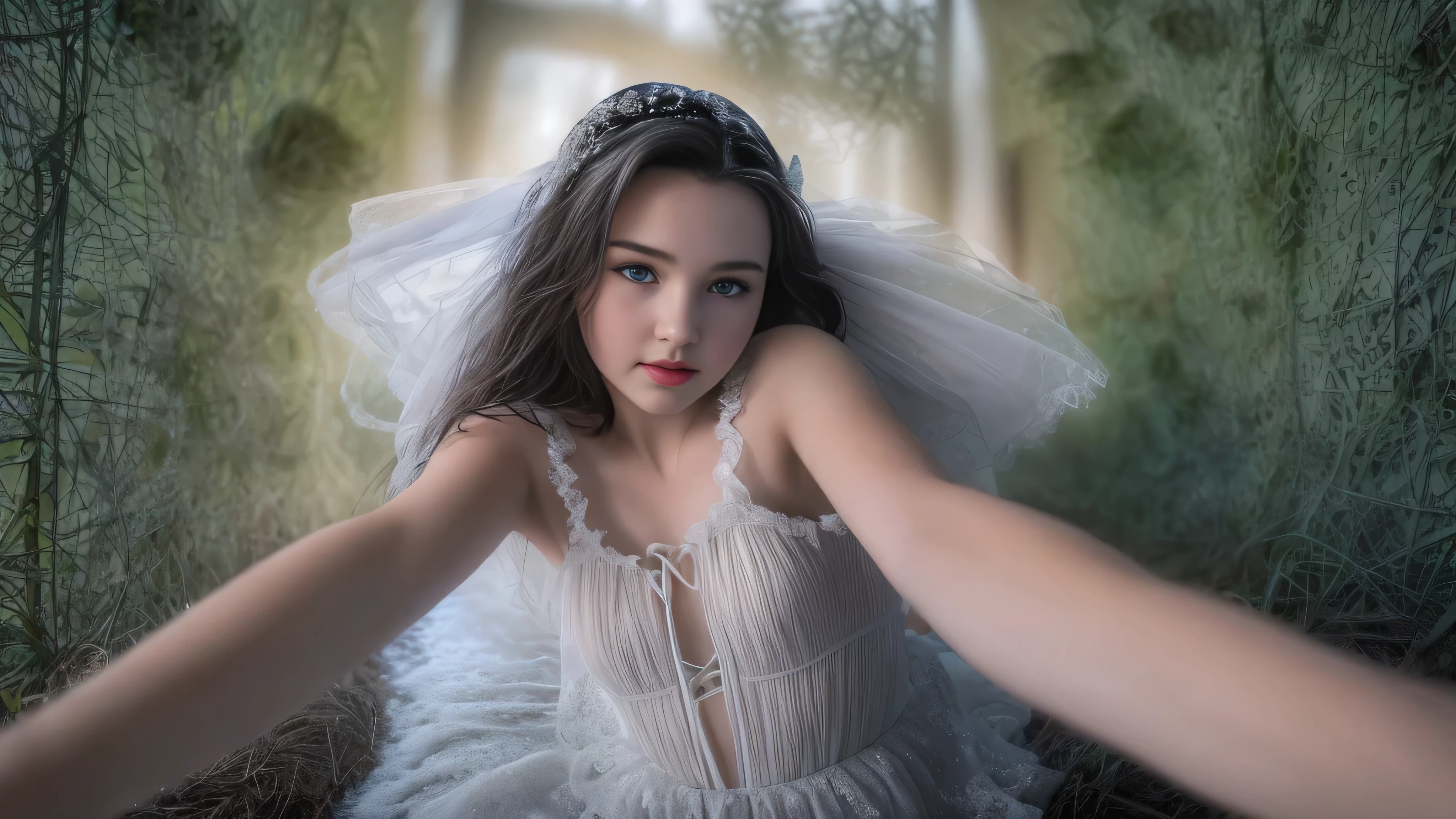 (snow white teen girl,13 years old with hand, fingers in vagina, spread legs:1.6),  (wind floating hair:1.4),(long, messy hair:1.3), blue eyes, detailed eyes, detailed lips, (lies nude, sensual, full body:1.5), (photo from many different angles:1.5), (creepy and scary interior of psychiatric ward, abandoned hospital with fog and fog, snow, green moss: 1.3), low neck, ray tracing, (best quality, 4k, 8k, high resolution, masterpiece:1.2), very detailed, (realistic , photorealistic, photorealistic :1.37), HDR, UHD, masterpiece, professional, vivid colors, bokeh, studio lighting