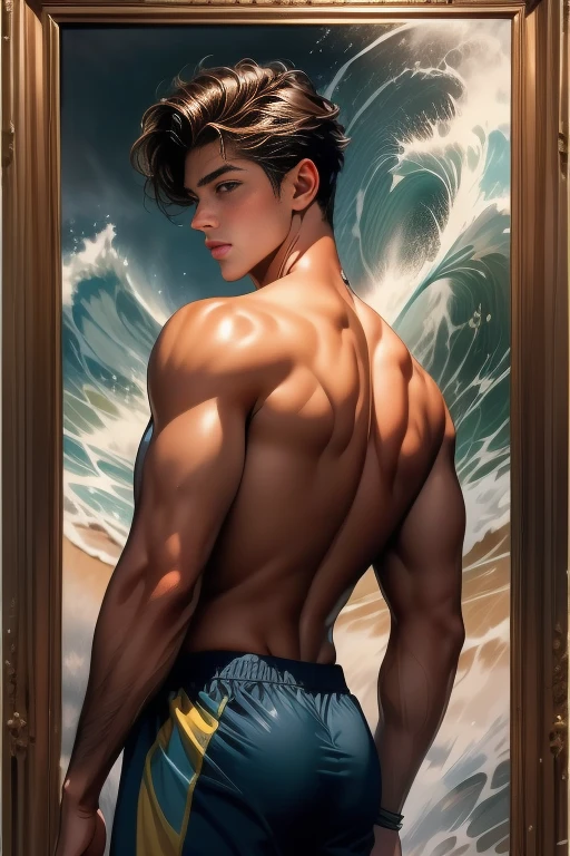 Oil painting, A handsome Fifteenth century page Young boy Brent Everett Surfing, , athletic build, ideal body, aesthetically beautiful, erotically t, seducing, offering himself With a beautiful sexy panties With nd peuttocks, muscular, sweaty afrkout, diamond all over the body, Back view art by Alphonse Mucha, UHD, 8k, Show men only .8k Ultra HD, DSLR, dim lighting, high quality, film grain, Fujifilm XT3, male fan, 2-person, two-person model.