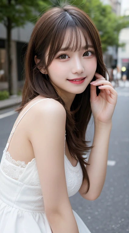 ((best quality, 8k, masterpiece :1.3)), 1 girl, smiling, whole body, face slimming, pretty Woman, (Long dark brown hair), Normal chest, full length dress :1.1, Super detailed faces, delicate eyes, double eyelids, blurred background, face slimming, City, external, street, Random body orientation,