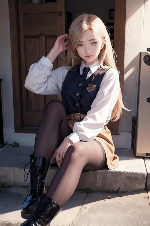 girl, (Hair in one eye:1.2),pantyhose,boots
