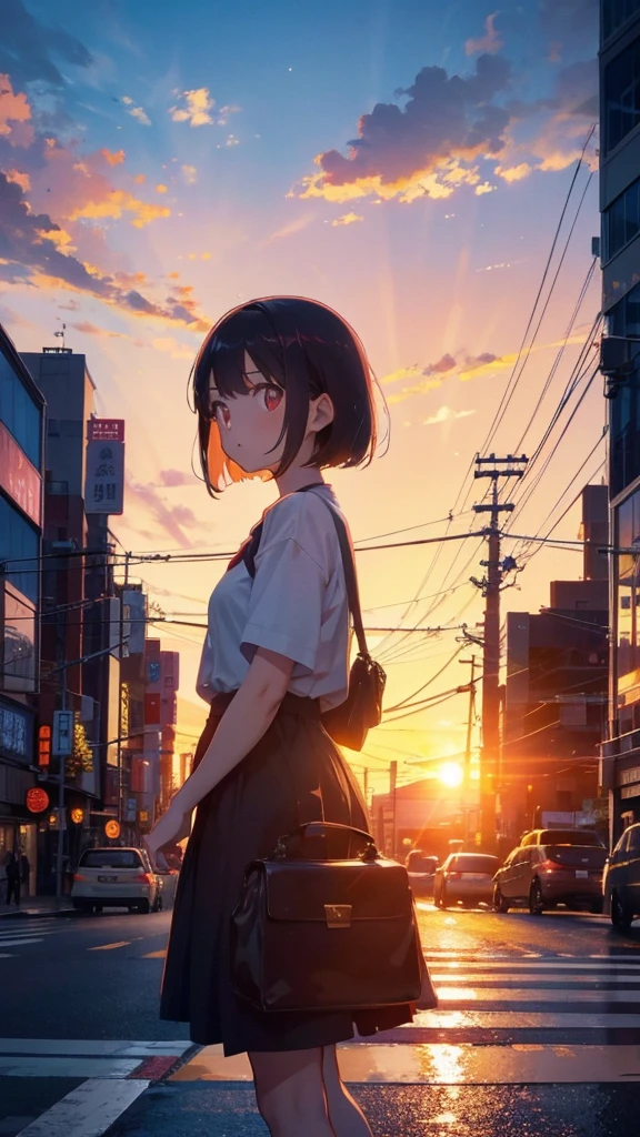 A shining sunset,sunset,Cars passing by on the road,Tokyo city,traffic jam,Girl 1 with short bob and red eyes is crossing the street,Top-down view,A girl far away,Rear view