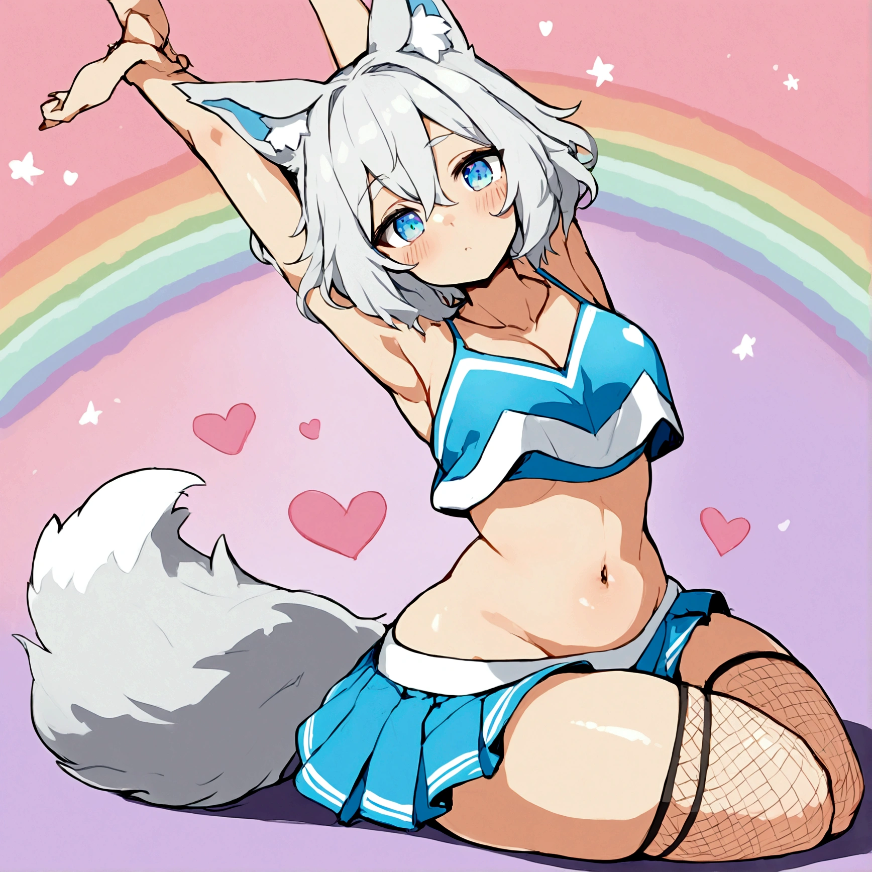 a cute adult male with wolf ears, white hair, has a wolf tail, wearing a blue cheerleader outfit and fishnet stockings, thick thighs, wide hips, relaxing on mound of fluffy multi colored kawaii plushies, short, very slim, showing slender tummy, stretching out, heart on hoodie, squishy thighs, has glowing blue eyes. alone, solo (ALONE)(SOLO), surrounded by rainbows, colorful galaxy backround, has cheer leader pom poms