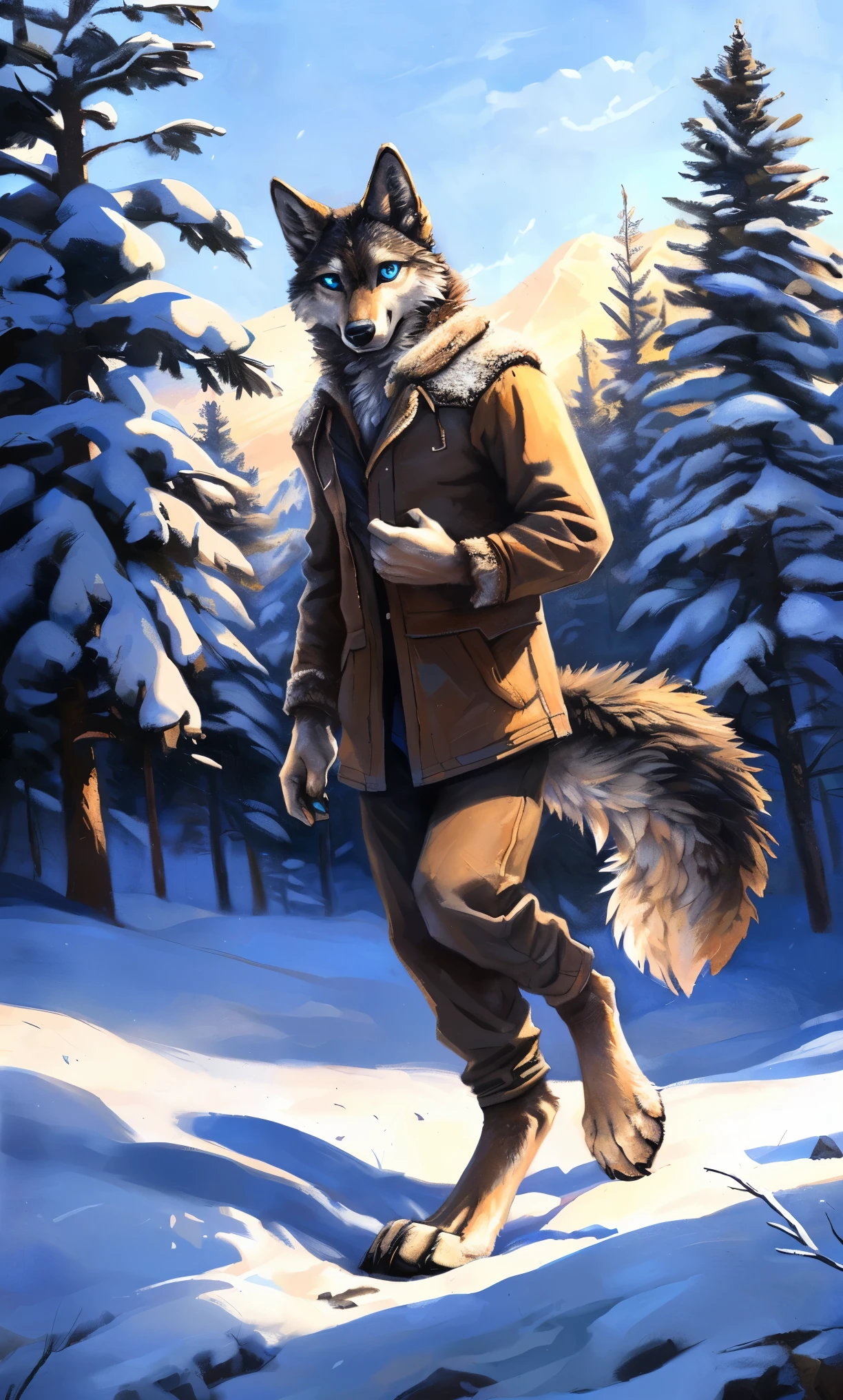 ((Solo)), male people, anthro wolf, (Multi-colored fur, White-brown:1.3，White tail pointed), (Height 2.1m,Tail length 1.2m), ((Wolf face, Big eyes, White eyelids, Blue pupil, Slim:1.2) (Tough, Calm expression:1.2)), Slim, pinging)), (Correct anatomy), (Winter clothing:1.1), The upper body  naked, (detailed outfits),A long big tail，Feet，(Realistic fur, Detailed fur texture, labeled:1.3)), (Natural lighting), Photorealistic, Hyperrealistic, ultradetailed, by Kenket，Snowfield，erect through，Running on
