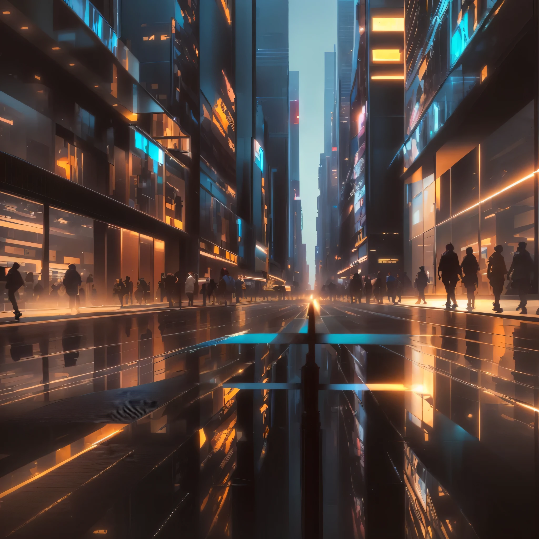 Official city images showing buildings, Shiny glass building, Urban reflections, Urban reflection, highrise business district, Cinematic Light and Reflections, Golden Hour in Manhattan, Bustling streets, By Dan Christensen, Futuristic cityscape photo, City light reflections, Futuristic street, by Mika Klein, Robert Jacobsen, In a futuristic cyberpunk city