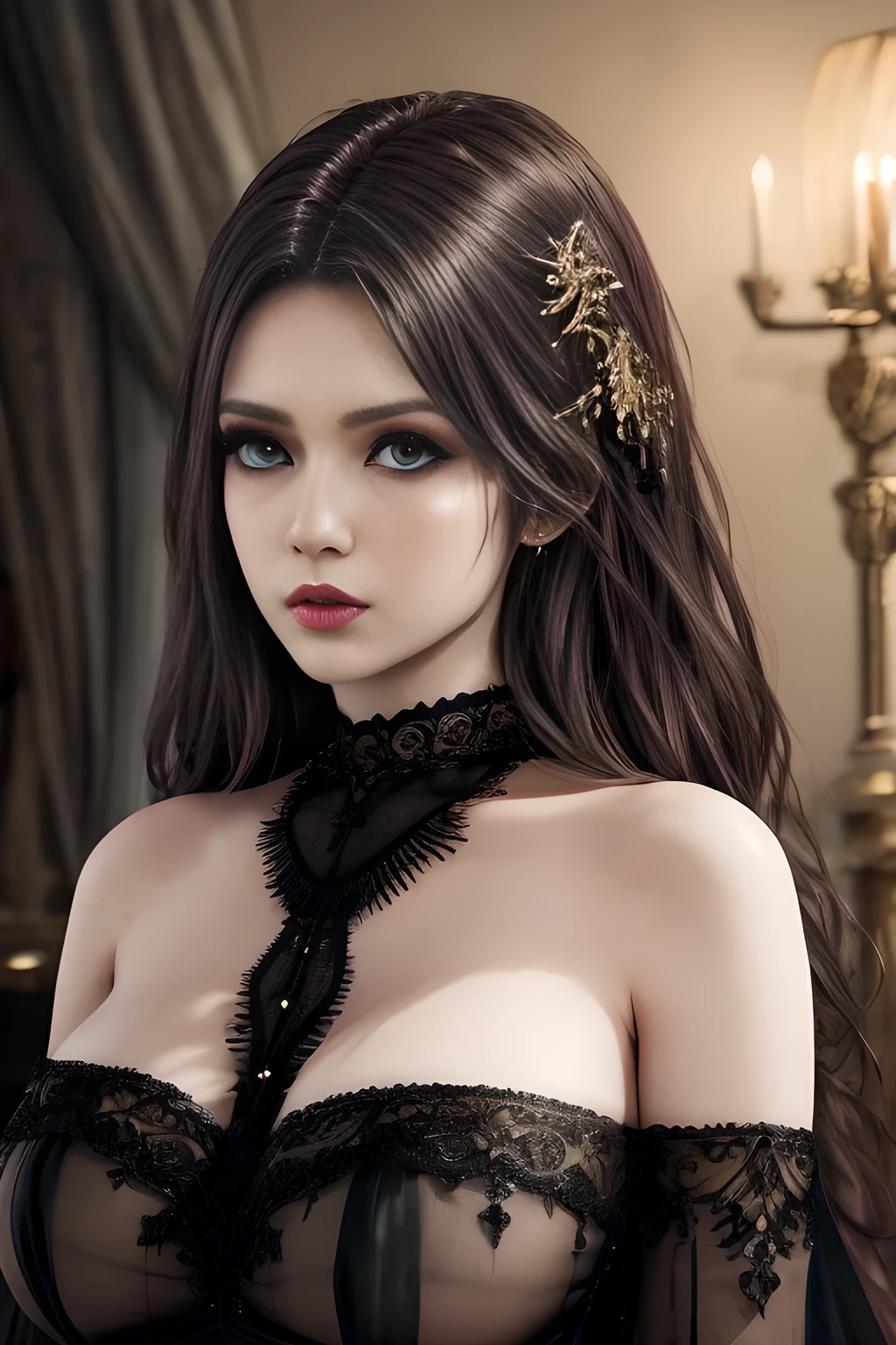1girl, long sleeves, black dress, off shoulder, bare shoulders, long dress, (see-through), tulle dress,beautiful detailed eyes, beautiful detailed lips, extremely detailed eyes and face, long eyelashes, best quality, 4k, 8k, highres, masterpiece, ultra-detailed, realistic, photorealistic, photo-realistic, ethereal glow, regal elegance, intricate details, luxurious, otherworldly beauty, dark atmospheric background, supernatural aura, elise,