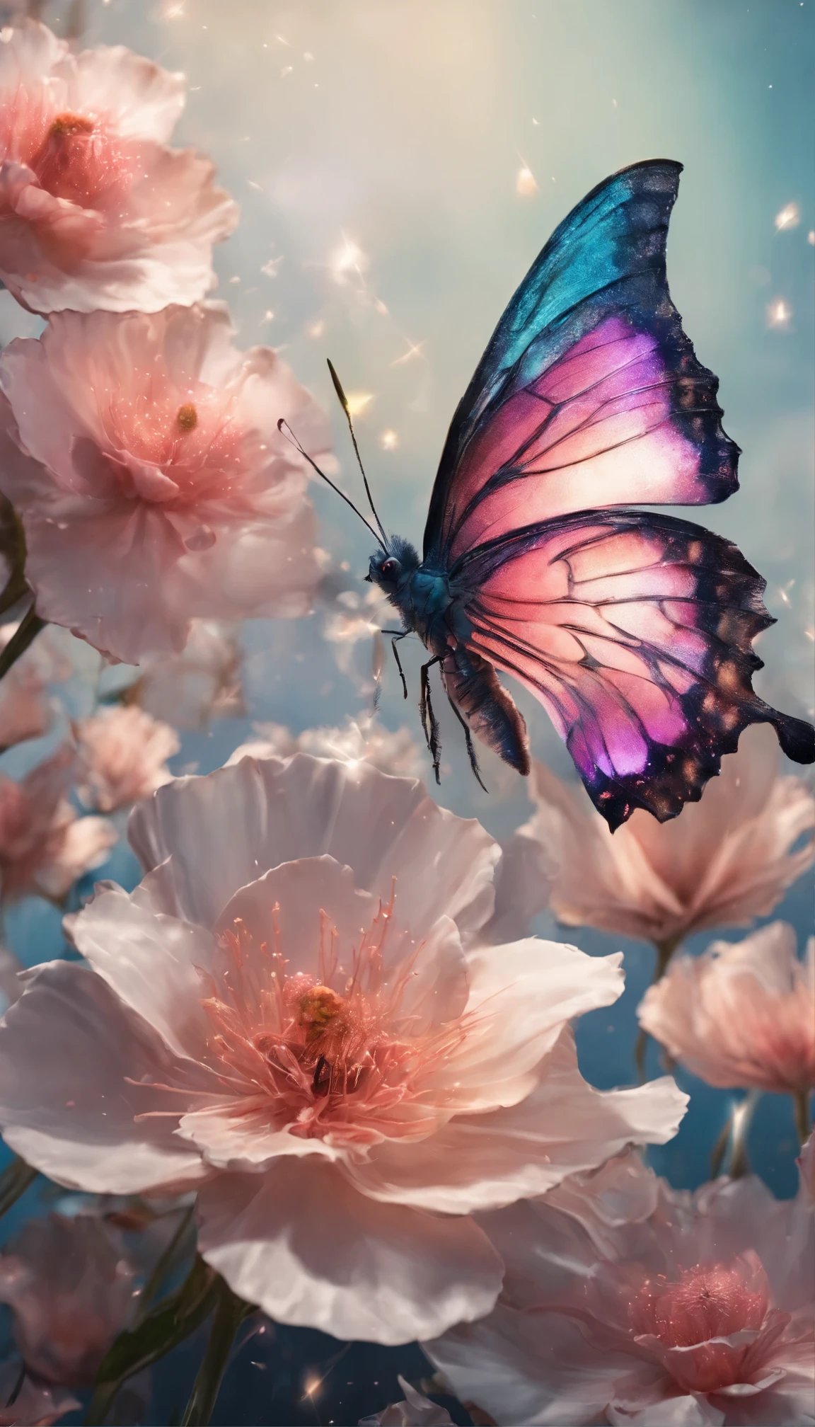 moon light,the arrival of spring, various beautiful flower
, Beautiful Rainbow-colored feathers swallowtail butterfly,angles looking up from below, various jewels falling from the sky, wonderful and beautiful superb view, slightly hazy, fantastic, high resolution, 8K, (best quality, highres, realistic:1.37), shiny metallic flowers, intricate and delicate petals, reflective surfaces, vibrant colors, intricate details, close-up view, surreal garden, surreal beauty, dreamy atmosphere, fine art, abstract botanicals, metallic sculpture, contrasting textures, ethereal glow