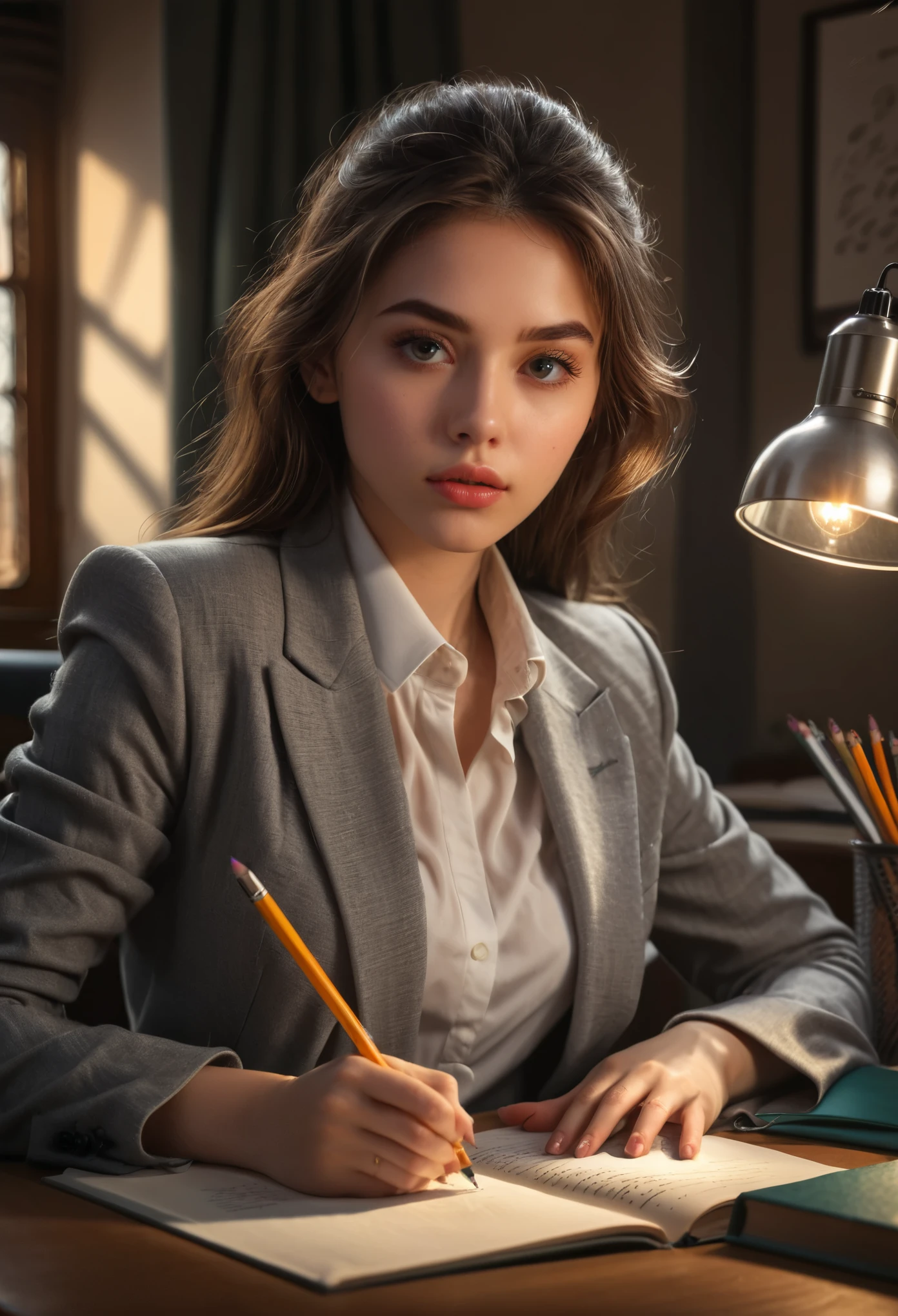 Exam, a girl taking an exam, beautiful detailed eyes, beautiful detailed lips, extremely detailed eyes and face, long eyelashes, serious expression, sitting at a desk, writing with a pencil, textbooks and papers on the desk, warm lighting, best quality, 8k, high-res, (masterpiece:1.2), ultra-detailed, intricate details, natural skin tones, cinematic lighting, dramatic atmosphere, highly detailed background, deep focus