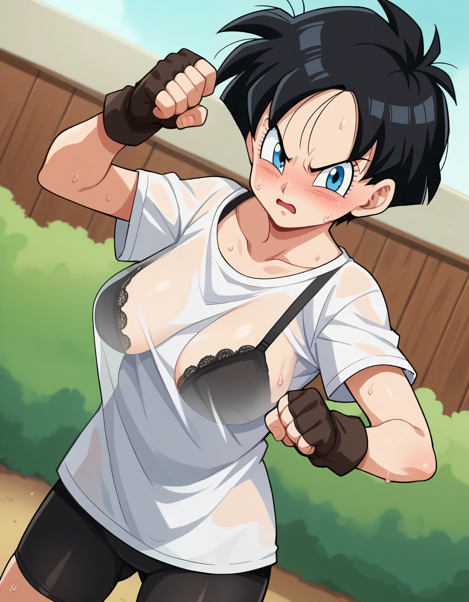 score_10, score_9, score_8_up, score_7_up, score_6_up, score_5_up, score_4_up, BREAK, source_anime, anime screencap, anime coloring, videl, black hair, blue eyes, eyelashes, parted bangs, short cut, (see-through) bike shorts, black gloves, see-through black legwear, collarbone, fingerless gloves, gloves, shirt, short sleeves, white shirt, T-shirt is transparent with sweat and her sexy black lace fabric bra is showing through, medium sagging breasts, skinny, (short stack:0.5) outside, looking at viewer, cowboy shot, dutch angle, standing, fighting stance, (angry:0.6), blush, embarrassed