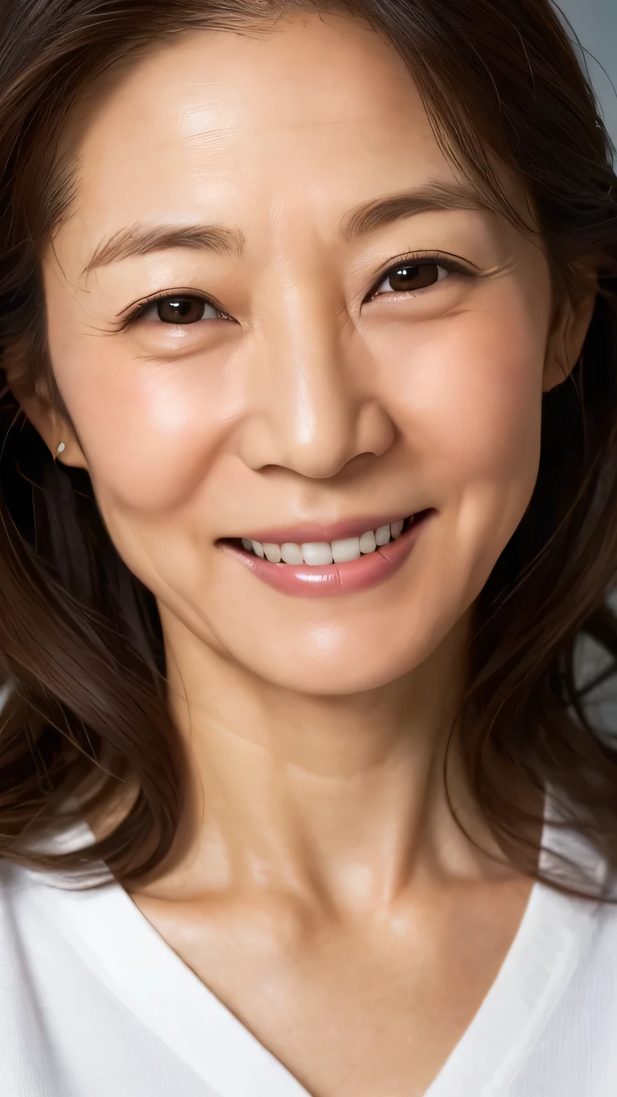 ((highest quality)), ((8K)), ((masterpiece: 1.3)), (Perfect appearance), (Photorealism: 1.6), (Ultra high definition), (Portrait of a Japanese Mature), (60 years old, Japanese Mature), (Close-up of a face with a gentle smile: 1.6), ((Realistic skin texture)), (Fine lines all over the skin), (Dull skin), (Facial wrinkles), (Wrinkles around the eyes), double eyelid, Tear bags under the eyelids, (long, wavy hair), (shirt: 1.4), (Bust up portrait: 1.2), 