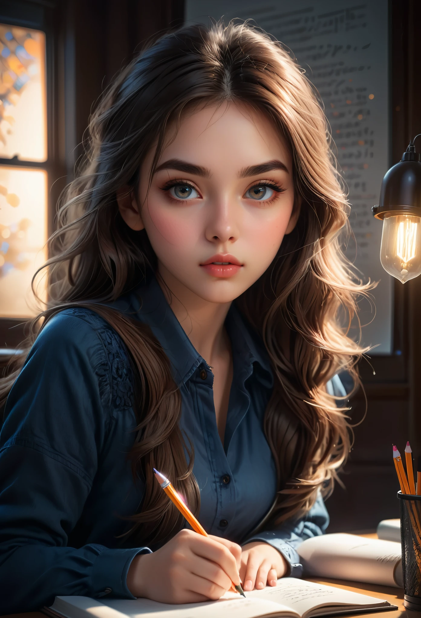 Exam, a girl taking an exam, beautiful detailed eyes, beautiful detailed lips, extremely detailed eyes and face, long eyelashes, serious expression, sitting at a desk, writing with a pencil, textbooks and papers on the desk, warm lighting, best quality, 8k, high-res, (masterpiece:1.2), ultra-detailed, intricate details, natural skin tones, cinematic lighting, dramatic atmosphere, highly detailed background, deep focus