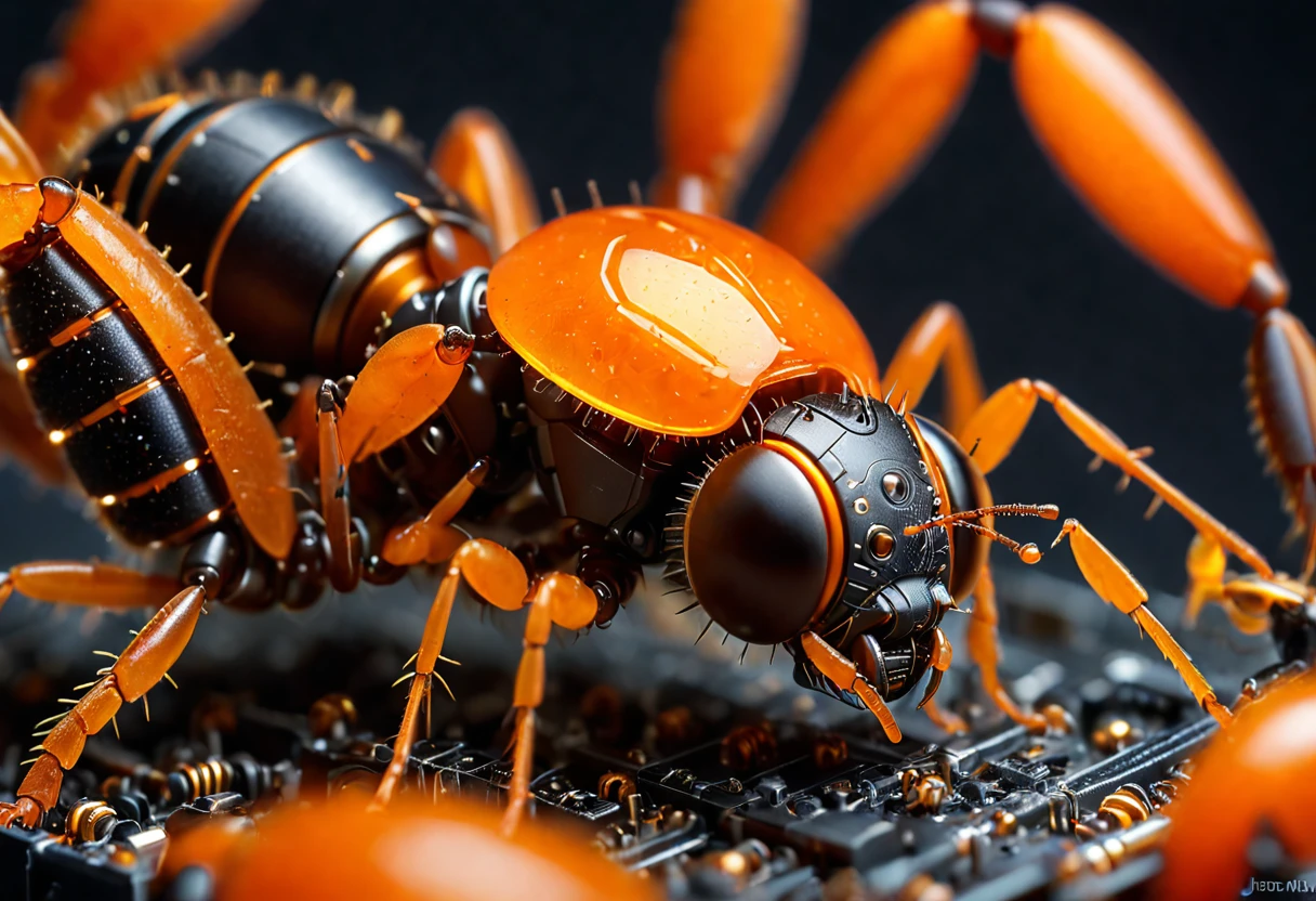 The Future of Ants Macro Photography, Demonstrate complex mechanical parts, With glowing orange trim, Composition of the whole body, High-tech schematic background, Under soft studio lighting, Photographed from top to bottom, On a Canon EOS 5D Mark IV with a 100mm macro lens, sid mead style.close up
