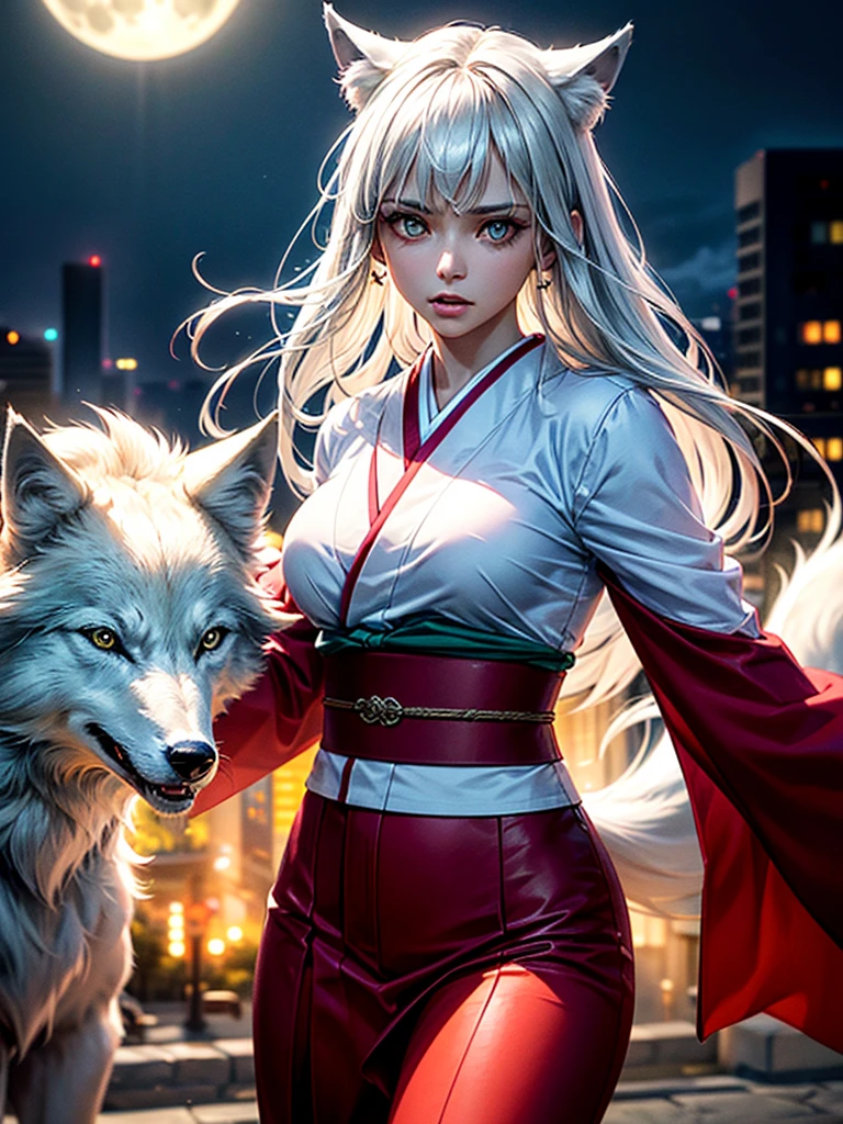 A beautiful young woman with silver hair and smooth long hair, wearing a stylish white and red kimono, standing in a beautiful full moon scenery, protected by god, ((White Wolf)), ready for battle, (best quality,4k,8k,highres,masterpiece:1.2),ultra-detailed,(realistic,photorealistic,photo-realistic:1.37),HDR,UHD,studio lighting,ultra-fine painting,sharp focus,physically-based rendering,extreme detail description,professional,vivid colors,bokeh,portraits,battle scenes、Jumping、Jump from building to building