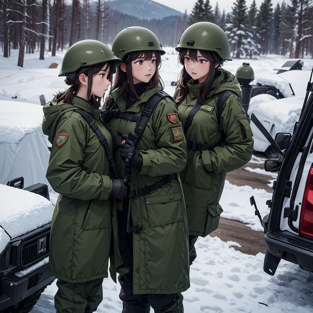 Three female soldiers wearing helmets standing at attention,Wear dark green parka coat、The same posture、Military Pants、Winter military camp,Write details、masterpiece、best quality、Highly detailed CG、8K picture quality
