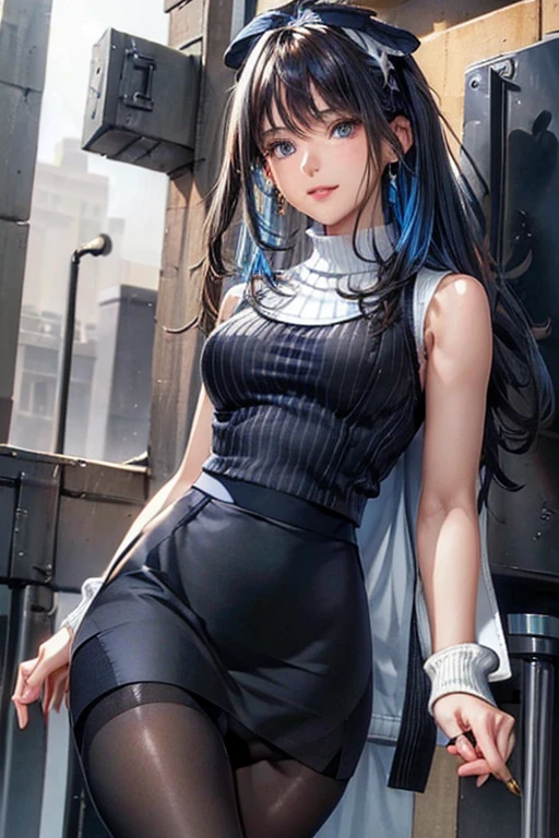 #Basics A girl is posing for a photo, animeのかわいい女の子, (((One Girl, Baby Face, 16 years old))), 
BREAK 

#Clothing Accessories 
(White high neck sleeveless knit sweater + Navy blue tight pencil skirt + Black Pantyhose + Black High Heels + Layered white coats:1.8), 
(Glasses with red frames:1.4, big silver necklace, Gold hoop earrings), 
BREAK 

#Features 
(Light blue hair:1.4, Bangs that expose the forehead:1.4, Wavy Hair, Hair fluttering in the wind, Chest-length sideburns, Very long back hair), 
(Droopy eyes,blue eyes), (Small breasts), 
BREAK 

#expression 
(smug face, Grin), 
#background environment 
((noon, Sunshine, University rooftop, Water storage tank)), 
#composition 
(Turning your body to the viewer:1.4, from below:1.4, Cowboy Shot:1.4), 
BREAK 

#Body parts elements 
(Beautiful Hair,Shiny Hair), 
(double eyelid, Long eyelashes), 
(Expression of fine eyes, Beautiful and delicate eyes, Sparkling eyes, Eye Reflexes), 
(Human Ear), 
(Beautiful Nose, Thin Nose), 
(Glossy lips, Beautiful Lips, Thick lips), (Symmetrical facial features), 
(Detailed skin, Textured skin, Beautiful Skin), 
BREAK 

#Quality 
(((highest quality)), ((masterpiece)), ((Very detailed))), ((High resolution), (16k,1080p)), 
(Realistic), (Anatomically correct), 
((comics, anime)), (3DCG), CG illustration,
