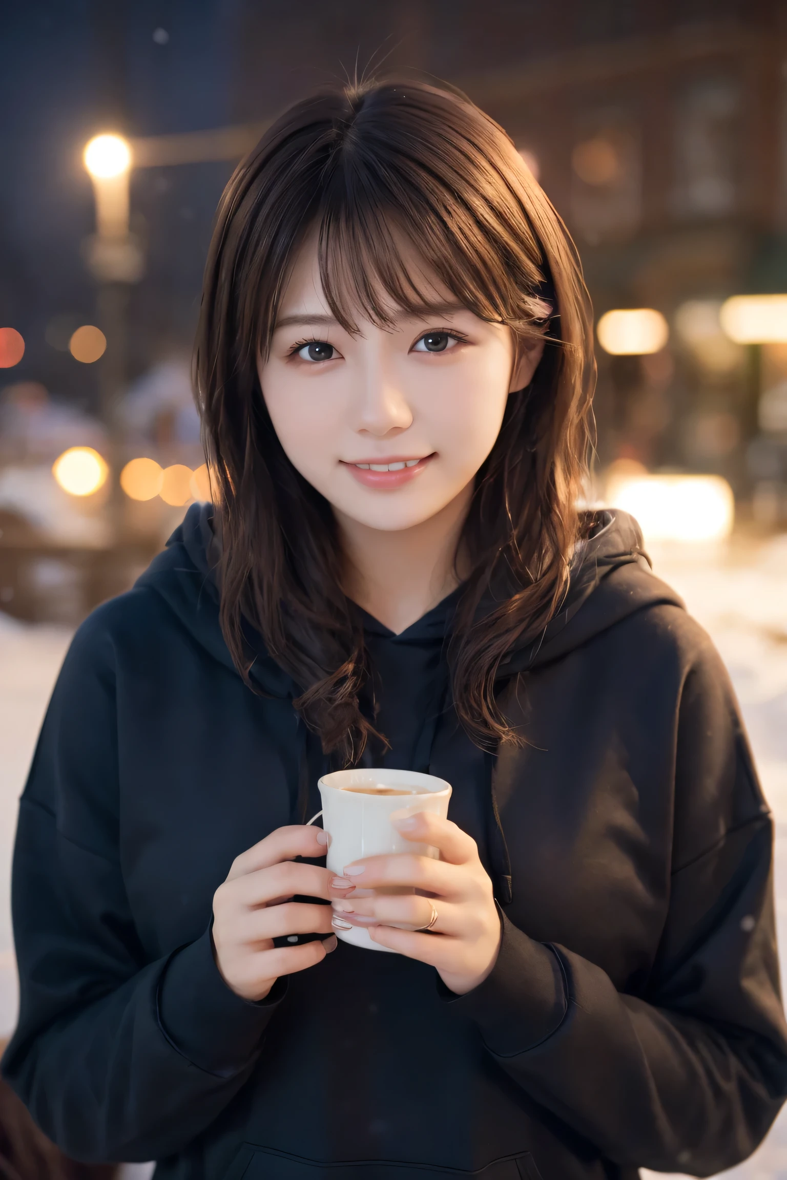 1 girl, (Wear a black hoodie:1.2), (RAW Photos, highest qualthaty), (Realistic, Realistic:1.4), Tabletop, Very delicate and beautiful, Very detailed, 2k wallpaper, wonderful, finely, Very detailed CG Unthaty 8K wallpaper, Very detailed, High resolution, Soft Light, Beautiful detailed girl, Very detailed目と顔, Beautiful and sophisticated nose, Finely beautiful eyes, Cinema Lighting, Illuminations that light up the cthaty on a snowy night, Snow Scene, that'that'it's snowing, Snow fell in my hair, Perfect Anatomy, Slender body, Was nervous,
Straight semi-long hair, bangs, Looking at the audience, smile、Fluffy scarf、On the bed、pajamas