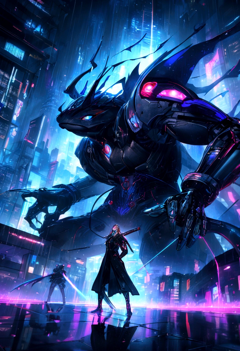Dystopian World, Wear a stylish black suit of armor、A cyber-chic cat on his left shoulder、A cyber-frog on his right shoulder,Glowing blue eyes and advanced cybernetic enhancements. Ninjas are seen in dynamic action poses, Neon-lit rooftop, rain pouring down、reflection on a smooth surface. The cityscape below is filled with towering skyscrapers., illuminated by colorful holographic advertisements. Depicts a ninja sword, Its blade shines with blue energy, Ready for strike. The overall atmosphere is dark and mysterious., Has a futuristic techno vibe. The lighting is dramatic, Intense highlights and deep shadows, Creates depth and tension. Color Palette