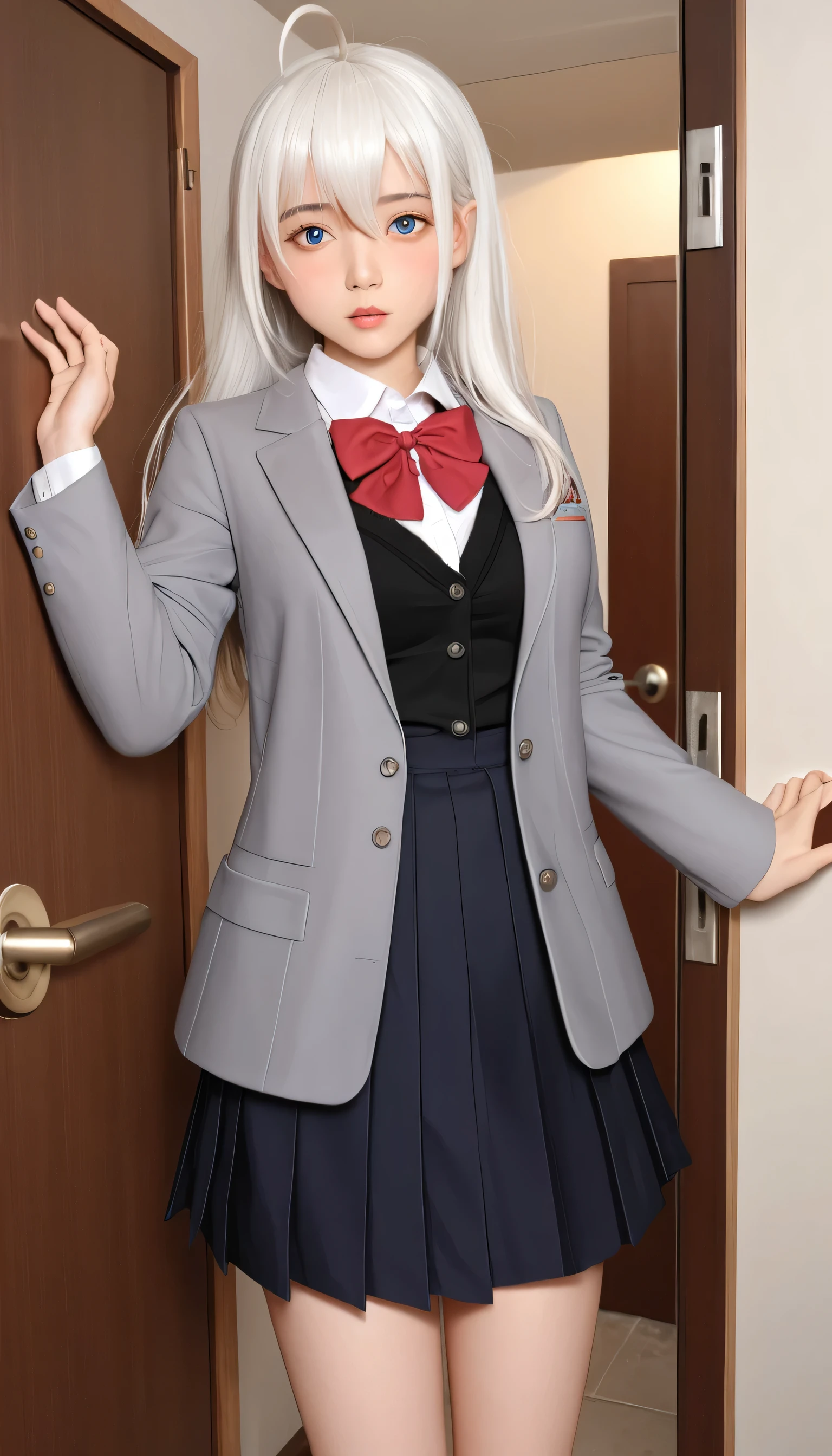 Arya, 1girl, solo, long hair, blue eyes, ahoge, bow, looking at viewer, red bow, jacket, bowtie, long sleeves, breasts, shirt, open jacket, red bowtie, door, cowboy shot, collared shirt, indoors, school uniform, white hair, standing, open clothes, skirt, bangs, dress, grey jacket, black dress, blush, pleated skirt, parted lips, medium breasts, pleated dress, white shirt, hair between eyes, white jacket, hand up, blazer, black skirt, thighs, open door, hallway