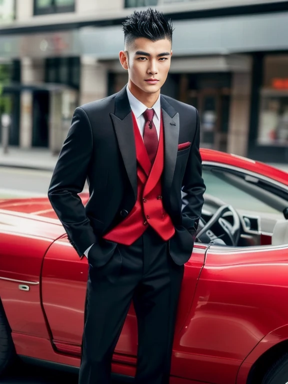 Asian man, Wear a red formal dress, handsome man, Charming and good looking, wearing red dress, A well-maintained model, Profile picture, Asian people, Avatar, model, handsome, handsome chad chinชายอาราฟไบหน้ากลม, Mohawk haircut,Clean and tidy, Wearing a suit and tie standing on the road, handsomeมาก สมจริงสุดๆ, highly realistic detailed face, realistic detailed face, One realistic face, With a very detailed face., Male characters, 3D demoreal avatar, Faces with realistic details, Realistic art style, 8k highly detailed face, realistic human, Realistic perfect face,