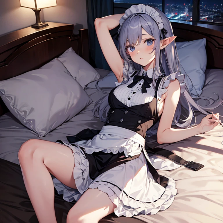 A maid, (in bedroom), various hair styles, night, details face, short skirt, seducing, sleeveless, maid uniform, armpits, elf, laying on bed