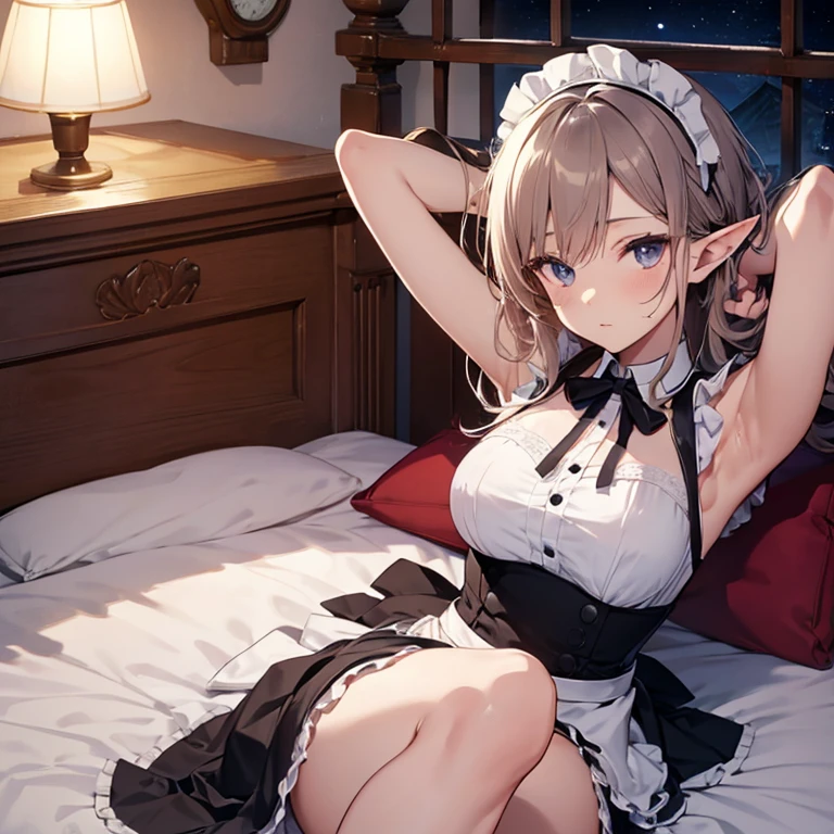 A maid, (in bedroom), various hair styles, night, details face, short skirt, seducing, sleeveless, maid uniform, armpits, elf, laying on bed