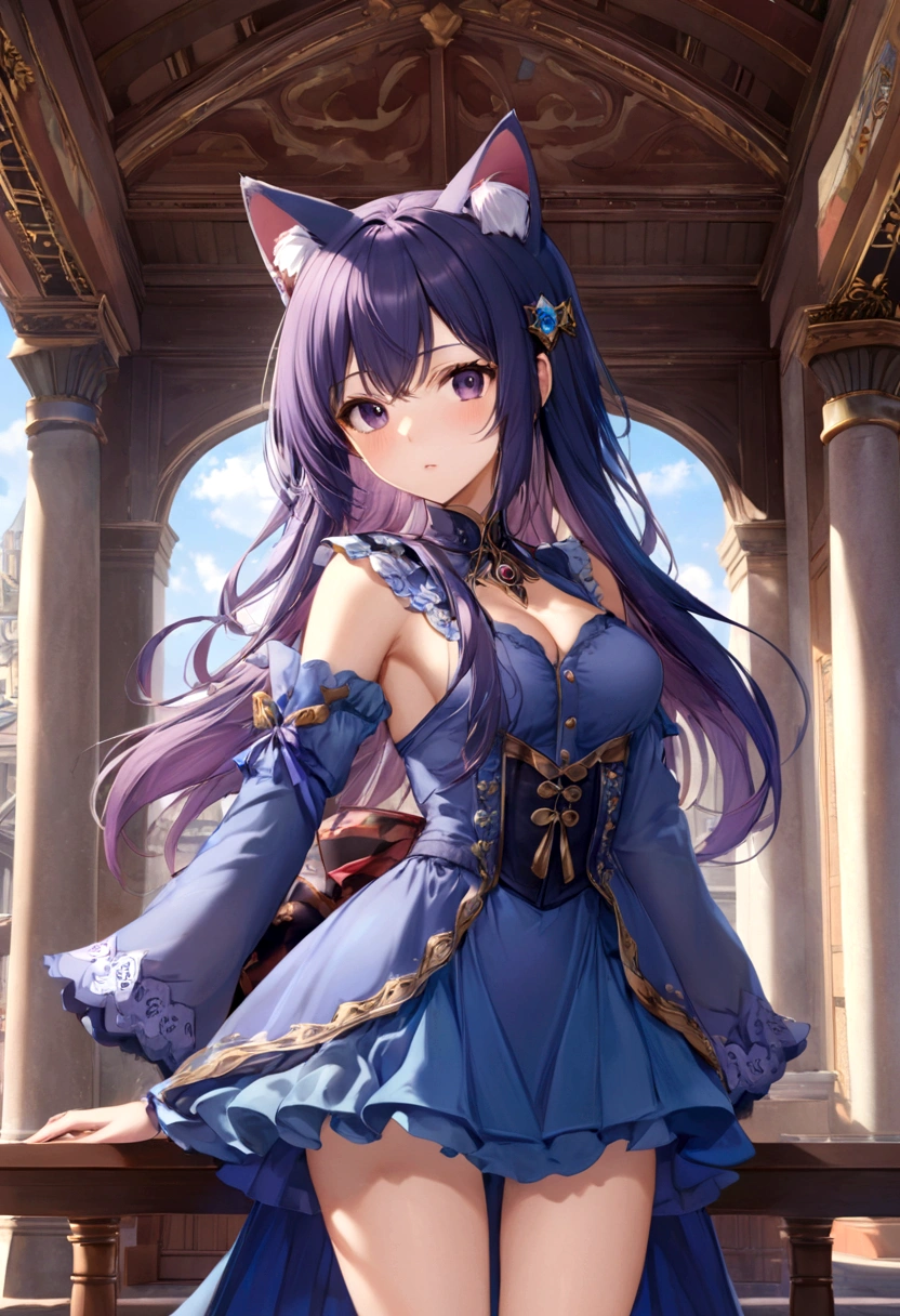 anime girl, Purple cat ears, long hair, beautiful clothes, Gouvez style, 4K Clarity, cg station pop, Antique architecture, Seductive Girl, attractive, genshin keru, animation style, 8K, beautiful anime girl, Girl Front.