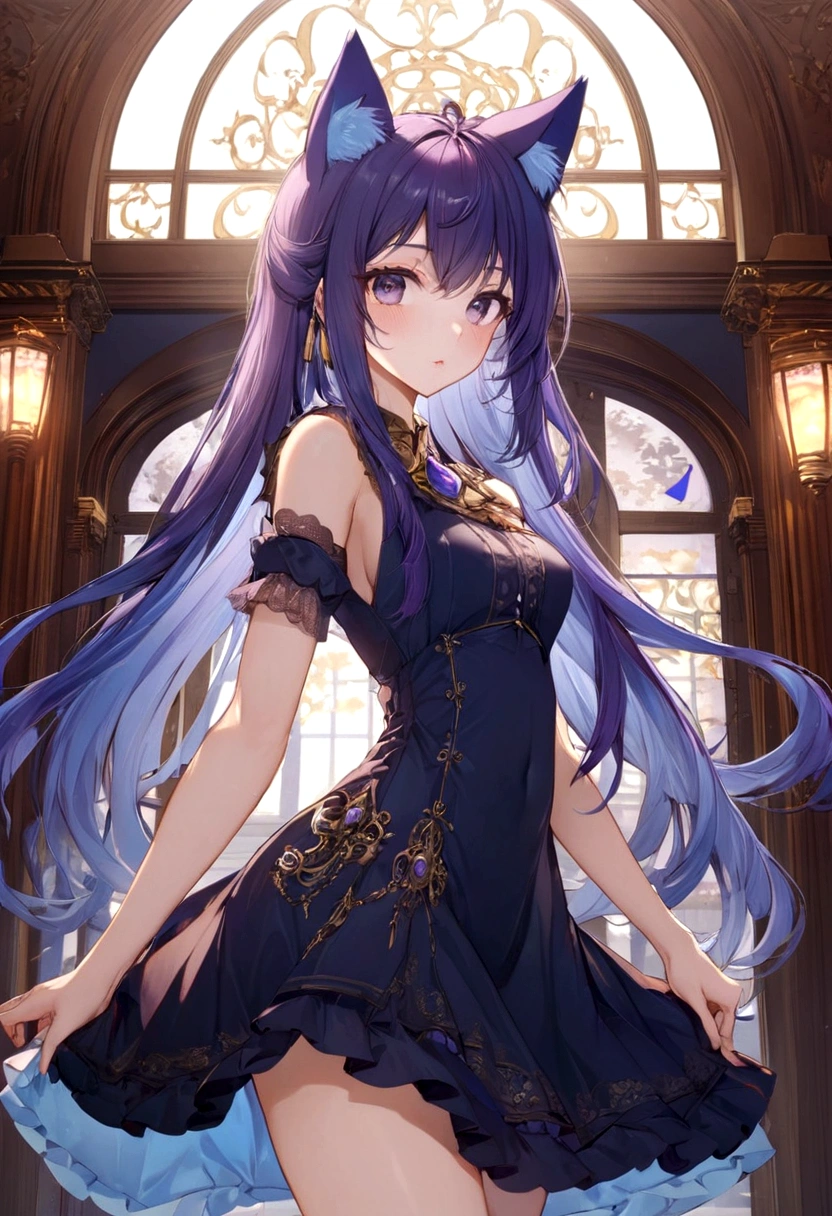 anime girl, Purple cat ears, long hair, beautiful clothes, Gouvez style, 4K Clarity, cg station pop, Antique architecture, Seductive Girl, attractive, genshin keru, animation style, 8K, beautiful anime girl, Girl Front.