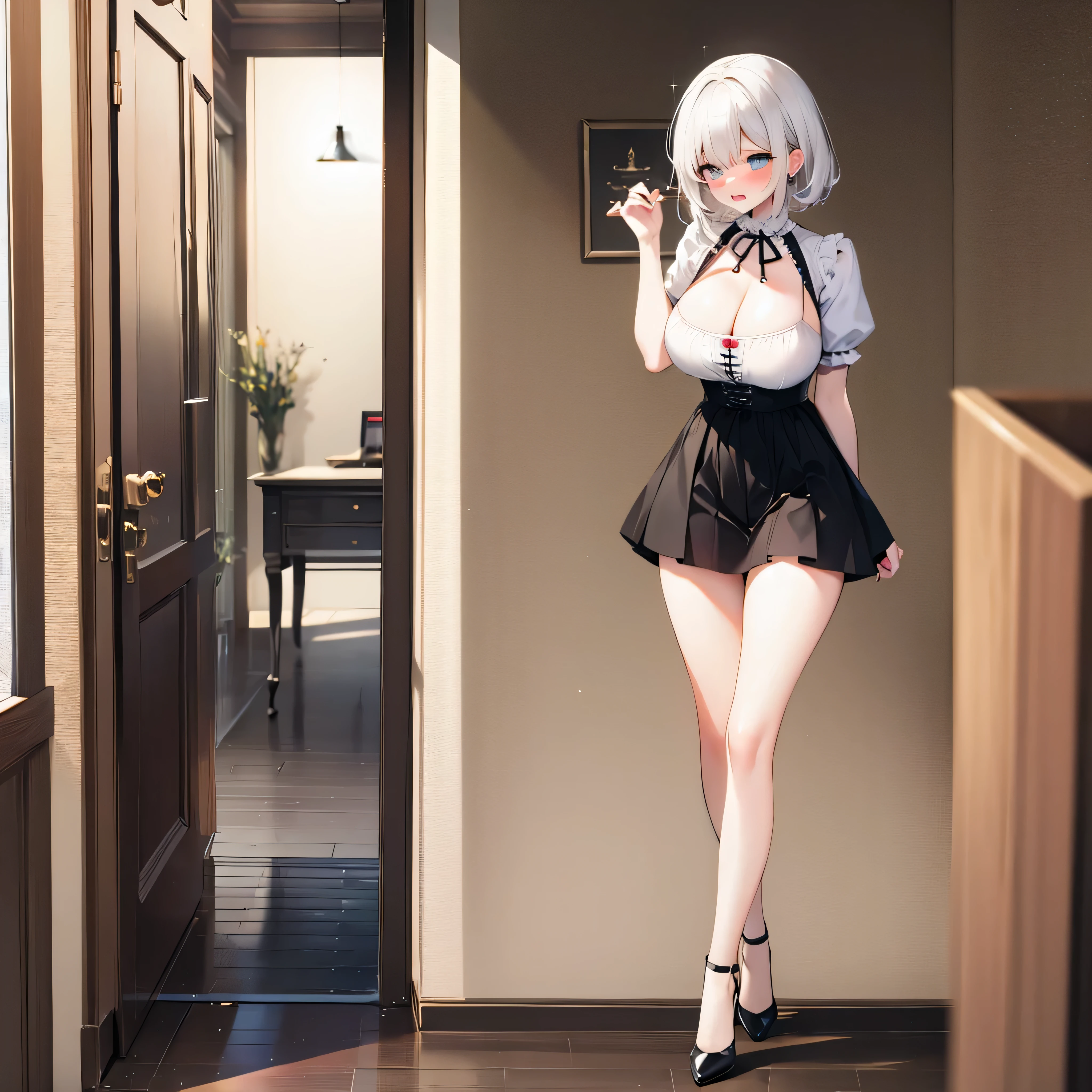 (solo), 1 skinny girl standing, show off large breasts, bursting breasts, (cleavage), short torso, (skinny too narrow waist), (skinny long legs), BREAK, (short dirndl), (too short skirt), thigh gap, stiletto heels, BREAK, nose blush, orgasm, (nsfw:0.2)