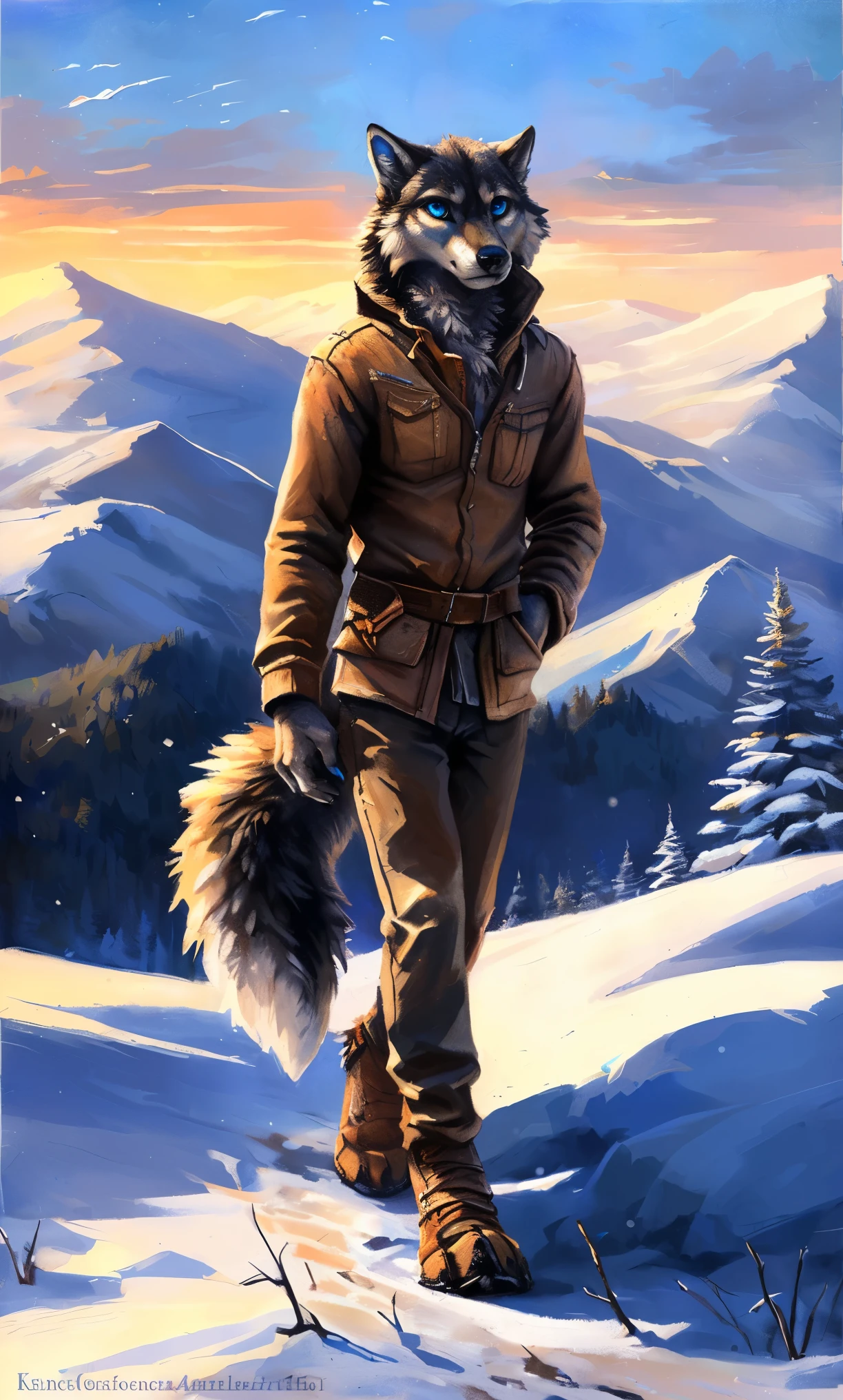 ((Solo)), male people, anthro wolf, (Multi-colored fur, White-brown:1.3，White tail pointed), (Height 2.1m,Tail length 1.2m), ((Wolf face, Big eyes, White eyelids, Blue pupil, Slim:1.2) (Tough, Calm expression:1.2)), Slim, pinging)), (Correct anatomy), (Winter clothing:1.1), The upper body  naked, (detailed outfits),A long big tail，Feet，(Realistic fur, Detailed fur texture, labeled:1.3)), (Natural lighting), Photorealistic, Hyperrealistic, ultradetailed, by Kenket，Snowfield，erect through，Running on