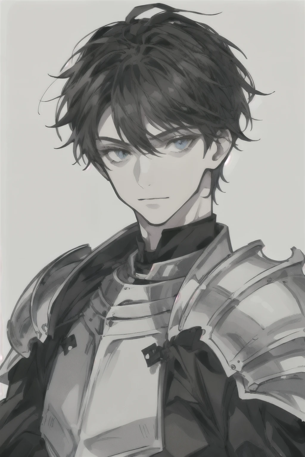 (high quality, 8k), masterpiece, 最high quality, High resolution, Adult male, Hair covering the ears, Expressionless, (((((white background))))), (((portrait))), short hairstyle, very black color hair, skyblue eyes, (((((((from front))))))), ((look at viewer)), wearing black knight armor, (((closed mouth))), (((bangs))), Grown-up, Older Men, aldult, solo, (((mature male))), facial muscle, sharp nose, medieval knight armor