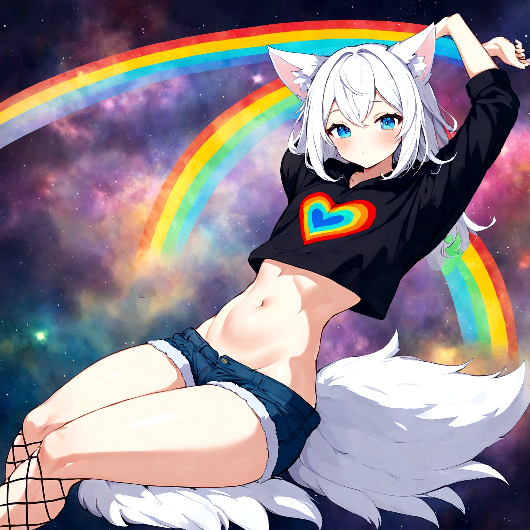 a cute adult male with wolf ears, white hair, has a wolf tail, wearing a loose cropped oversized black hoodie, wearing a pair of denim short shorts and fishnet stockings, thick thighs, wide hips, relaxing on mound of fluffy multi colored kawaii plushies, short, very slim, showing slender tummy, stretching out, heart on hoodie, squishy thighs, has glowing blue eyes. alone, solo (ALONE)(SOLO), surrounded by rainbows, colorful galaxy backround