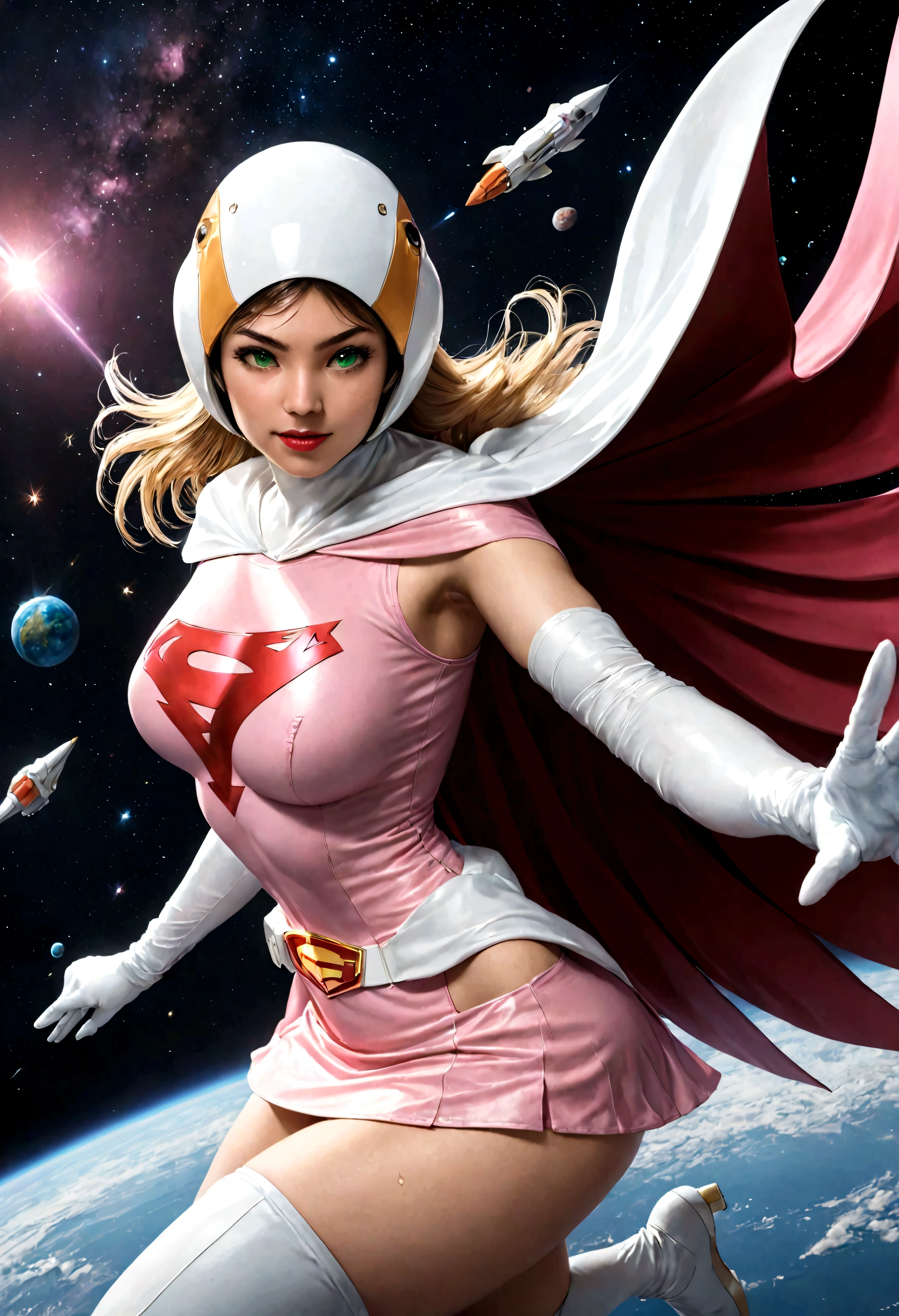 25yo,1girl, Jun The Swan, gatchaman, wearing gatchaman costume, good anatomy, masterpiece, best quality, realistic, hyperrealistic, 16k hdr, long hair, green eyes, lips, large breasts, lipstick, makeup, cape, swan image helmet, hornless, belt, elbow gloves, white gloves, mask, ultra miniskirt, leotard, spacesuit, white legwear, pink dress, superhero, bodysuit,(fighting pose,kicking:1.3),from below,(spread legs:1.1), space ship, hand up,