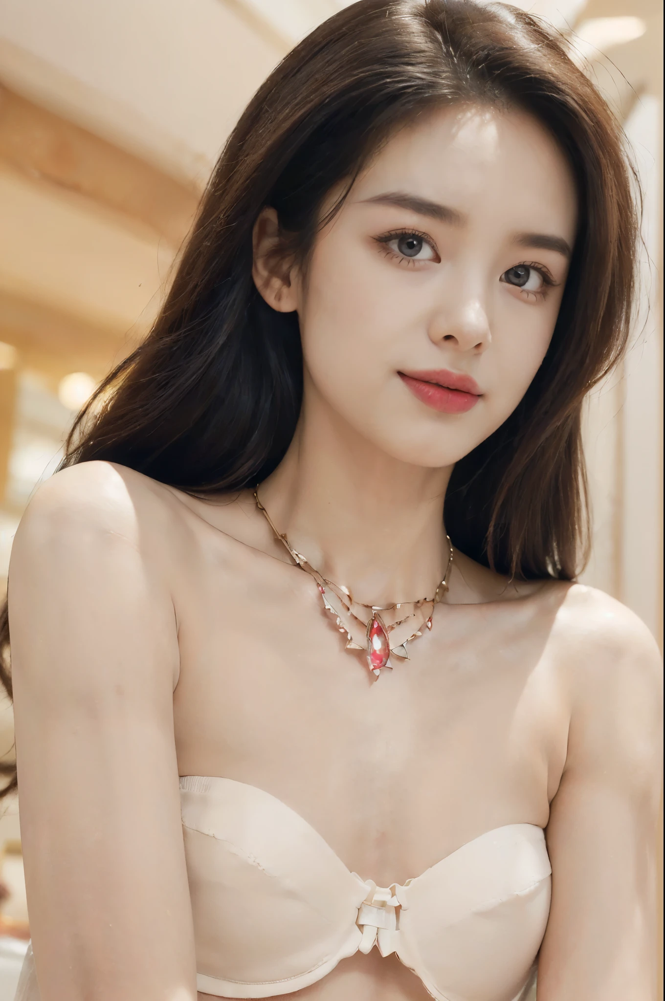 ((((8k))),((Extremely meticulous CG)) ,(wallpaper),16k,((Extremely refined and beautiful)),(((Masterpiece))),(((best qualtiy))),(((Ultra High Resolution))),beautiful light up,Perfect lightning,realistic shaded,(Smooth and flawless skin:1.5),(Extremely exquisite facial details:1.2),(perfect body:1.2),(ultra-detailed),((A beautiful girl,solo)),(small head:1.2),(pale skin:1.3),(medium straight hair:1.2),(small face:1.2),(baby face:1.3),(Exquisite makeup:1.2),(small breasts:1.2),(flat chest:1.3),((slim,thin)),(laughing:1.2),(crystal necklace:1.2),(strapless bra:1.5),(indoor:1.3),(summer:1.3),(detailed background:1.5),(close-up of face:1.3),(from front:1.3),(day scene:1.5),(many gift boxes of various colors:1.3),(In a luxurious shopping mall:1.5),(bright and vivid colors:1.3)