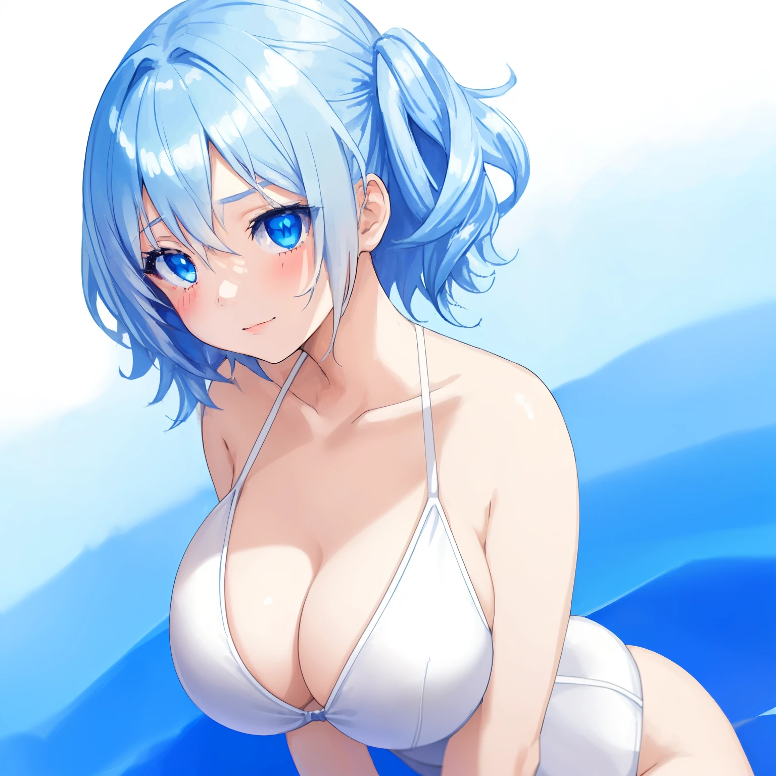 1girl, anime, white_blue_layered_hair, flirty, medium_breasts, swimsuit, white_background, looking_at_viewer