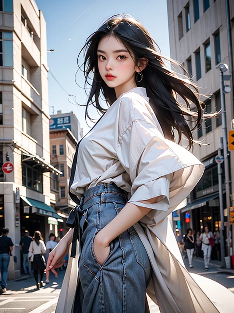 (A big smile、Squint your eyes and laugh)、(Realistic、Like a photograph、Live Action、8k, Realistic, RAW Photos, Best image quality: 1.4), Single-lens reflex camera、RAW Photos, Highest quality, Realistic, Highly detailed CG Unity 8k wallpaper, Written boundary depth, Cinematic Light, Lens flare, Ray Tracing, Realistic background、A landmine girl waiting for someone、((Wearing a white blouse:1.4)、((wear a frilly skirt:1.1)、Small breasts))、((Ultra-Dense Skin))、 1 person、standing front of train station, Waiting for someone while looking at a smartphone、The whole body is visible:1.5、(Long hair with pink inner color:1.2、My hair is blowing in the wind)、stylish ambiance、The perfect outfit、(White skin)、Precise and beautiful legs:1.1、View from below、Highly detailed face、Anatomically correct body、Accurate fingering