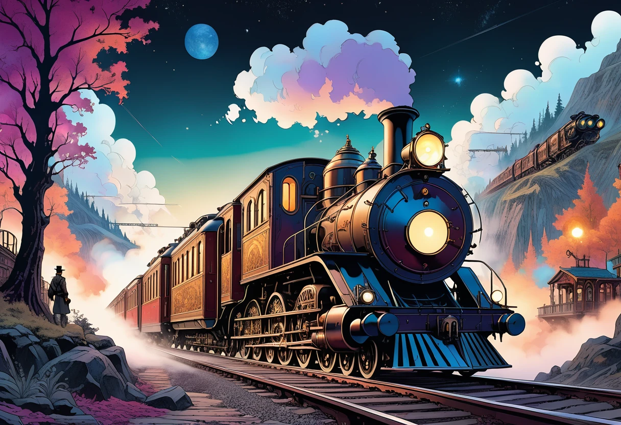 a steampunk locomotive running through the galaxy, two italian boys boarding the galaxy railway, fairytale "night on the galactic railroad", highly detailed, intricate machinery, beautiful scenery, cinematic lighting, warm color palette, volumetric fog, dramatic composition, photorealistic, masterpiece, 8k, hyperrealistic, concept art style