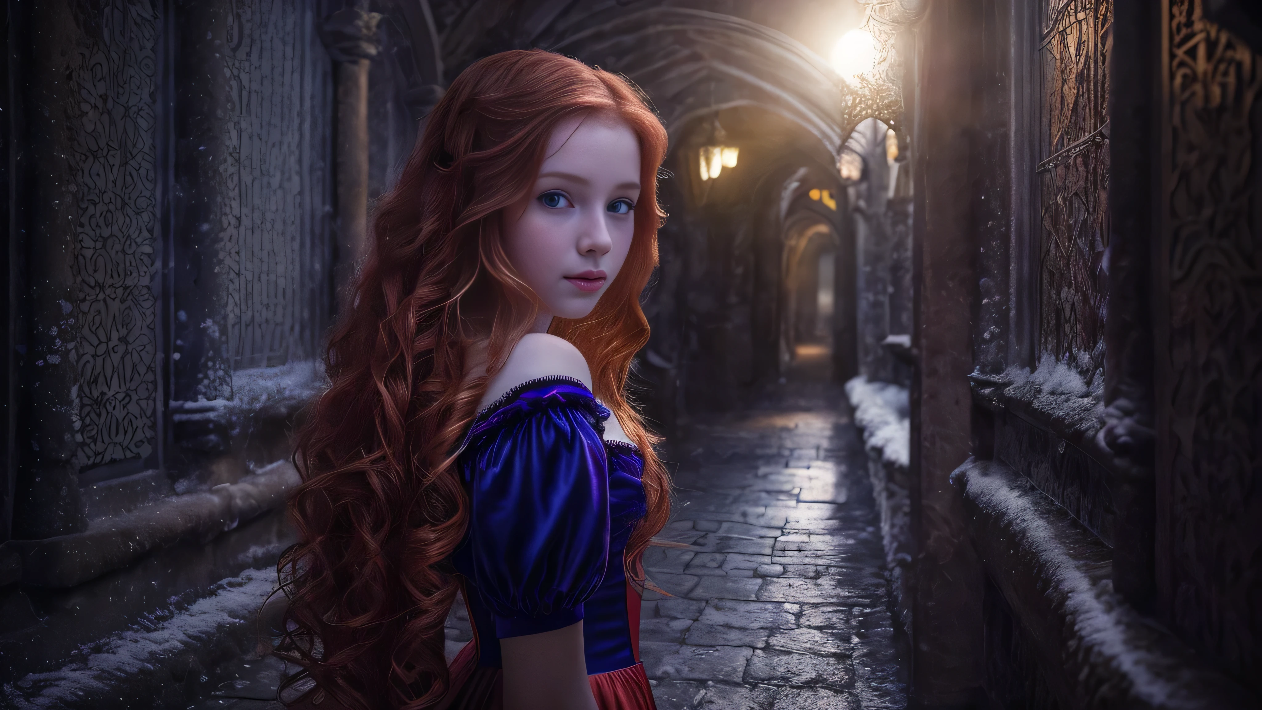 (snow white long ginger hair teen girl,13 years old with spread legs:1.6), (long, messy hair:1.3), blue eyes, detailed eyes, detailed lips,(lies nude, sensual, full body:1.5), (photo different angles:1.5), (lies in a long dark corridor in castle lit by the moon:1.5), (dark mood, creepy, mist, dust,fog:1.5) low neck, ray tracing, (best quality, 4k, 8k, high resolution, masterpiece:1.2), very detailed, (realistic , photorealistic, photorealistic :1.37), HDR, UHD, masterpiece, professional, vivid colors, bokeh, studio lighting,nsfw