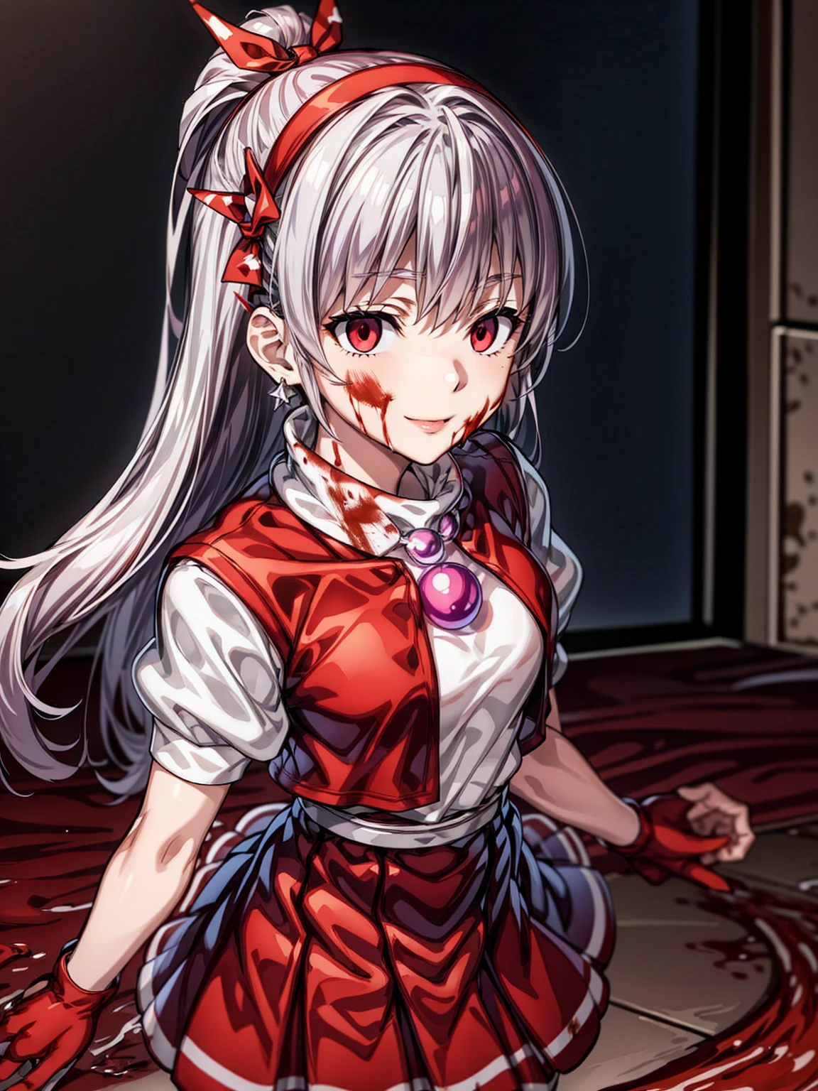 best masterpiece, ultra detailed, best quality, sharp focus, 12K, super high resolution picture,Perfect Anatomy, highest quality,、Athena 97、( 1girl)、alone、red eyes、( Silver Hair:1.6),Very long hair,、Hair length、White Earrings、Red Hairband、Star hair ornament、Proper breathing、Red vest、White turtleneck、White puff sleeves、Short sleeve、Red pleated skirt、(Crimson Pantyhose:1.2)、Black Pantyhose、Yellow Belt、Purple sphere necklace、Red fingerless gloves、White short socks、Red Shoes、Wicked Smile、Browsing Caution、In the ruins、Anime Style、(Blood on my face:1.6)、(Preparing for battle:1.2)、Contains Hypnolol、
Hollow Eyes、whole body, Looking at the audience,Silver Hair,Very long hair,evil aura,