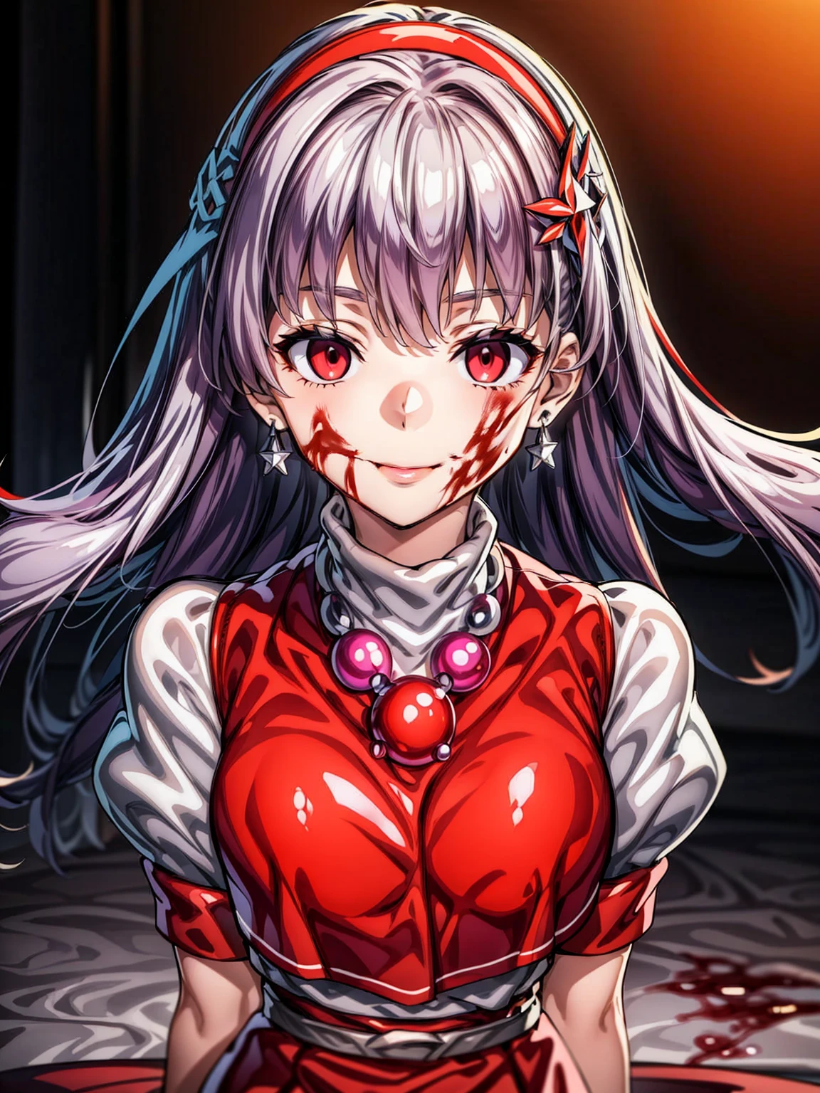 best masterpiece, ultra detailed, best quality, sharp focus, 12K, super high resolution picture,Perfect Anatomy, highest quality,、Athena 97、( 1girl)、alone、red eyes、( Silver Hair:1.6),Very long hair,、Hair length、White Earrings、Red Hairband、Star hair ornament、Proper breathing、Red vest、White turtleneck、White puff sleeves、Short sleeve、Red pleated skirt、(Crimson Pantyhose:1.2)、Black Pantyhose、Yellow Belt、Purple sphere necklace、Red fingerless gloves、White short socks、Red Shoes、Wicked Smile、Browsing Caution、In the ruins、Anime Style、(Blood on my face:1.6)、(Preparing for battle:1.2)、Contains Hypnolol、
Hollow Eyes、whole body, Looking at the audience,Silver Hair,Very long hair,evil aura,