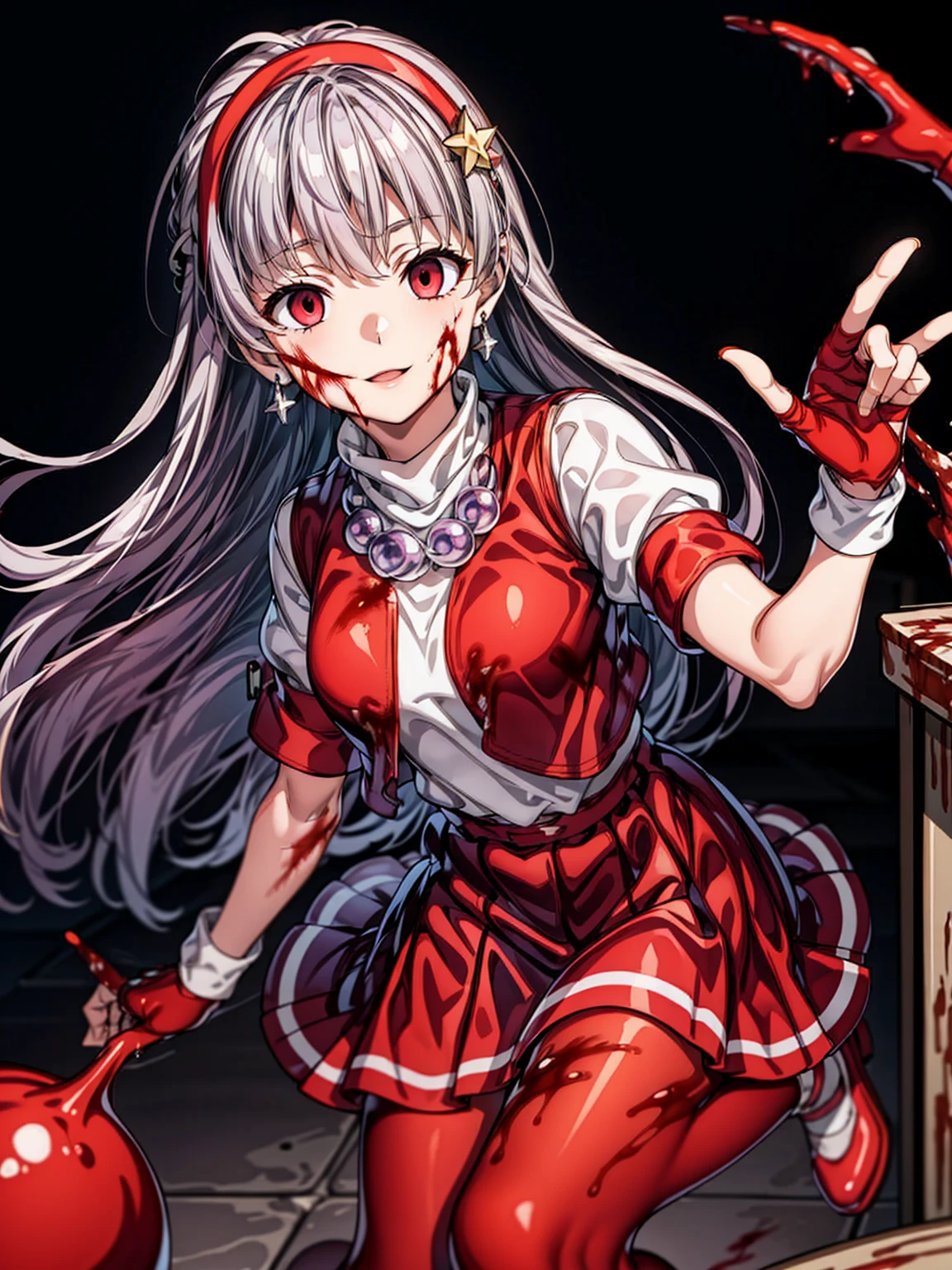 best masterpiece, ultra detailed, best quality, sharp focus, 12K, super high resolution picture,Perfect Anatomy, highest quality,、Athena 97、( 1girl)、alone、red eyes、( Silver Hair:1.6),Very long hair,、Hair length、White Earrings、Red Hairband、Star hair ornament、Proper breathing、Red vest、White turtleneck、White puff sleeves、Short sleeve、Red pleated skirt、(Crimson Pantyhose:1.2)、Black Pantyhose、Yellow Belt、Purple sphere necklace、Red fingerless gloves、White short socks、Red Shoes、Wicked Smile、Browsing Caution、In the ruins、Anime Style、(Blood on my face:1.6)、(Preparing for battle:1.2)、Contains Hypnolol、
Hollow Eyes、whole body, Looking at the audience,Silver Hair,Very long hair,evil aura,